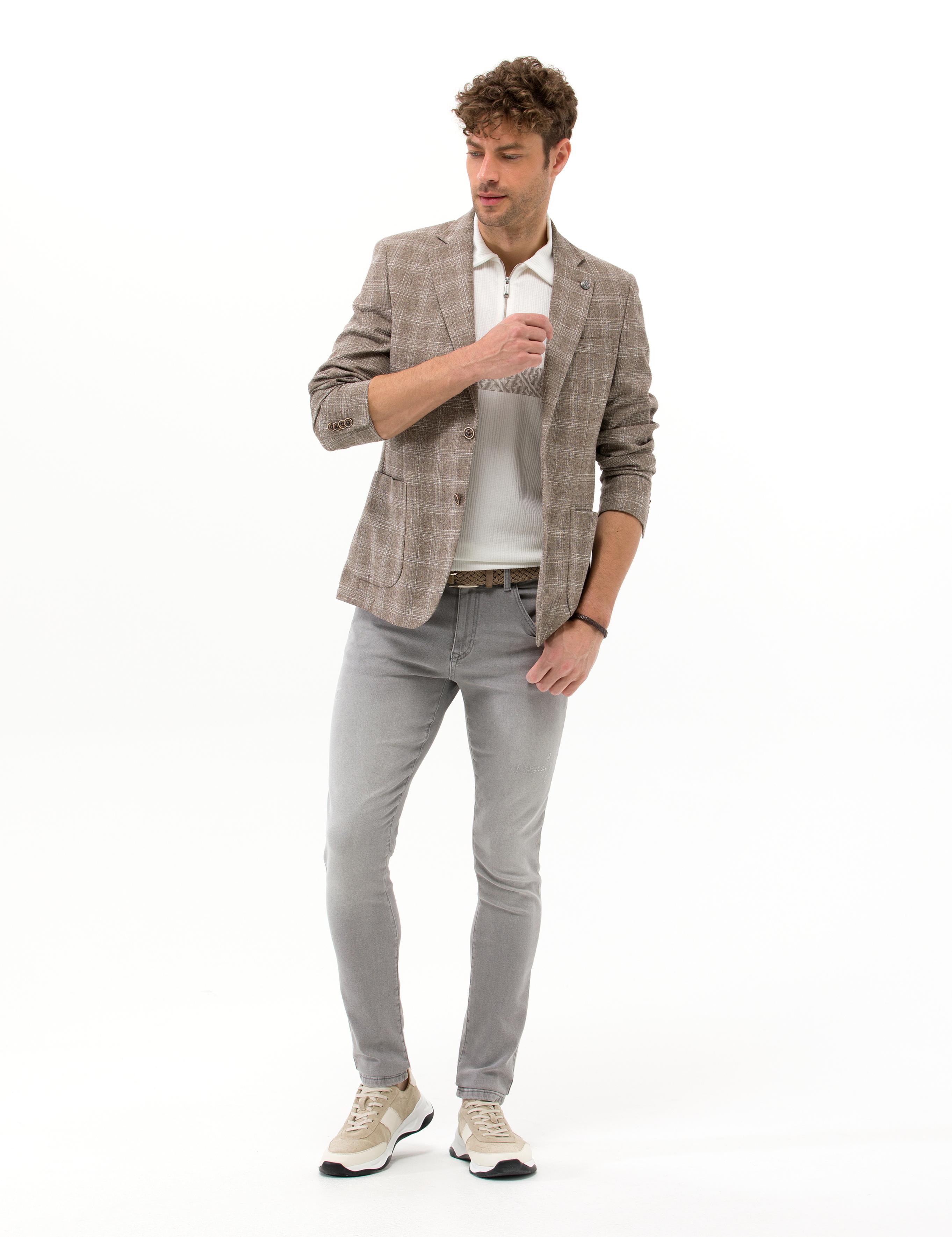 Açık Kahverengi Slim Fit Yün Keten Karışımlı Ekose Ceket