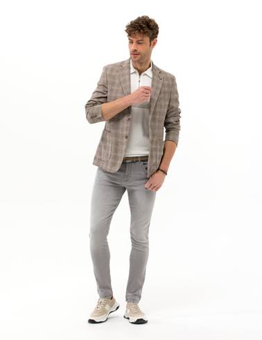 Açık Kahverengi Slim Fit Yün Keten Karışımlı Ekose Ceket