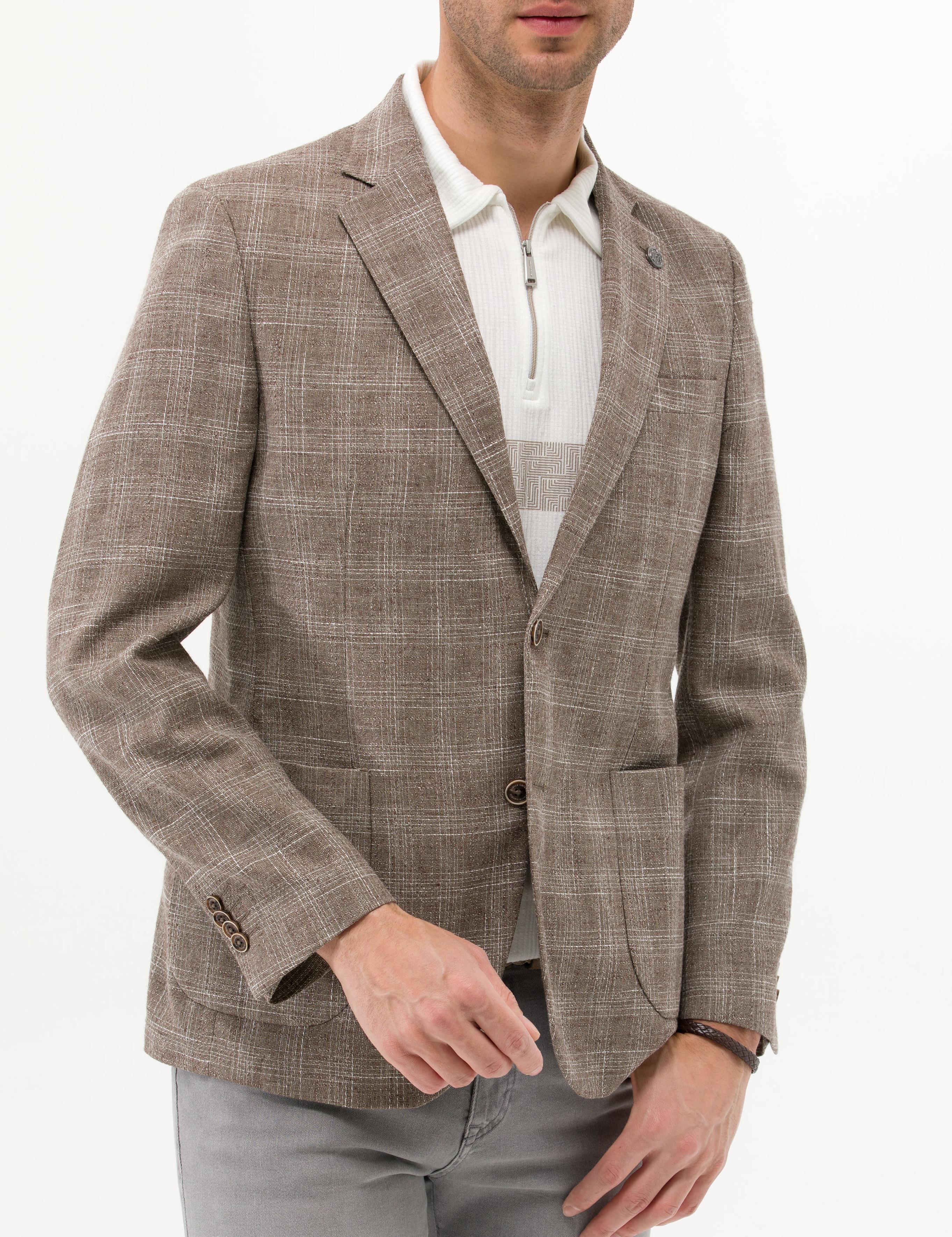 Açık Kahverengi Slim Fit Yün Keten Karışımlı Ekose Ceket