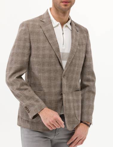 Açık Kahverengi Slim Fit Yün Keten Karışımlı Ekose Ceket