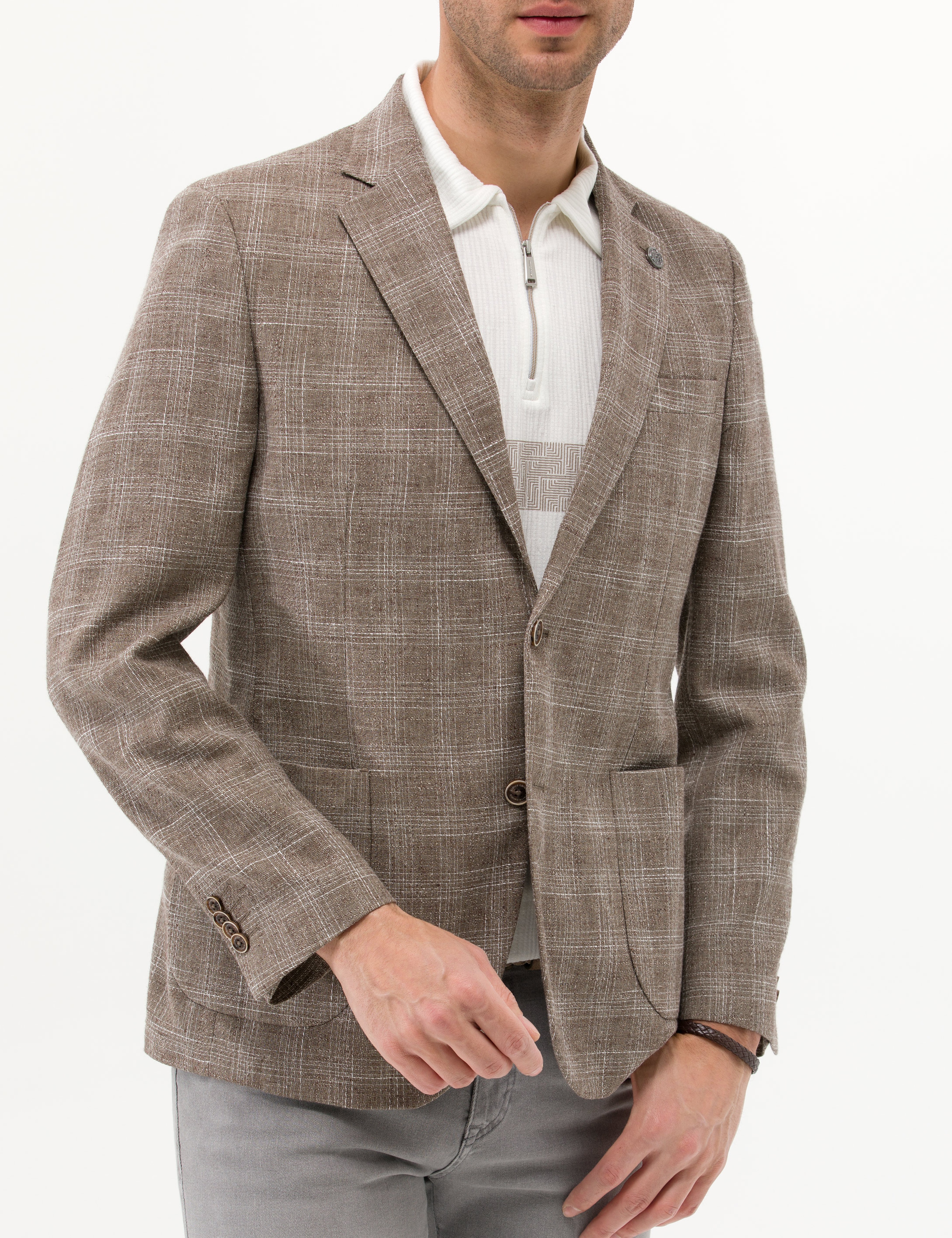 Açık Kahverengi Slim Fit Yün Keten Karışımlı Ekose Ceket - Image 6