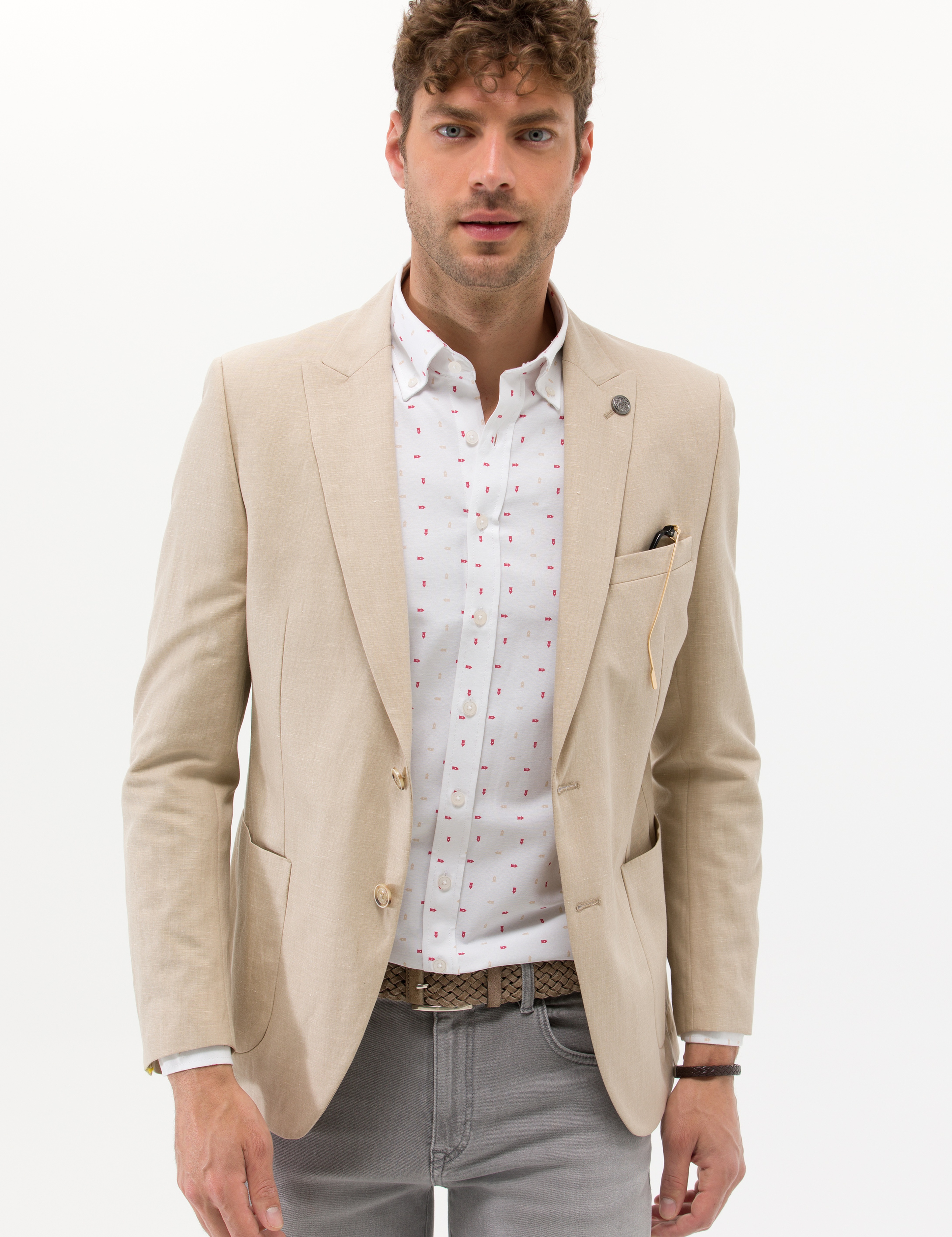 Bej Ex. Slim Fit Keten Karışımlı Ceket - Image 3