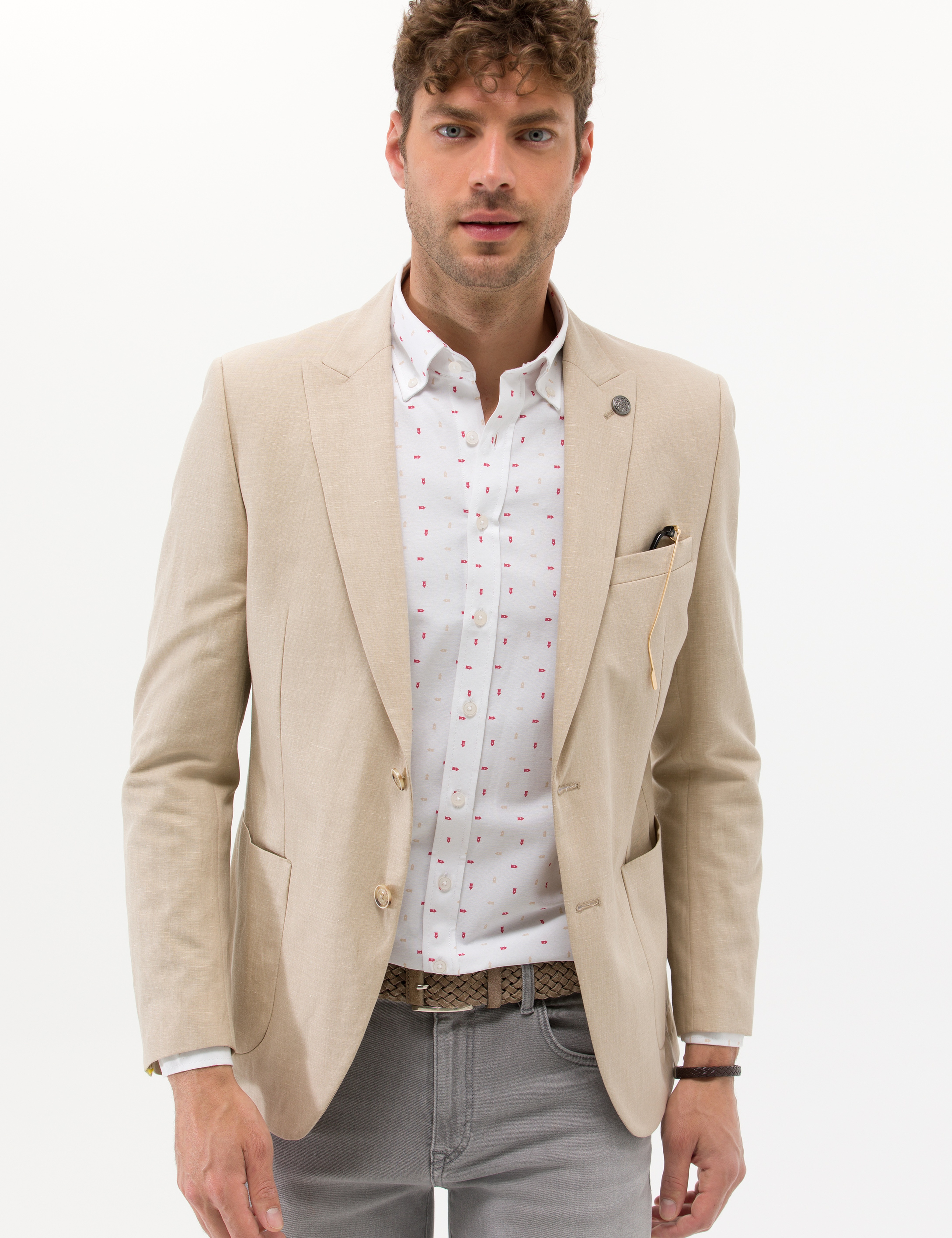 Bej Ex. Slim Fit Keten Karışımlı Ceket