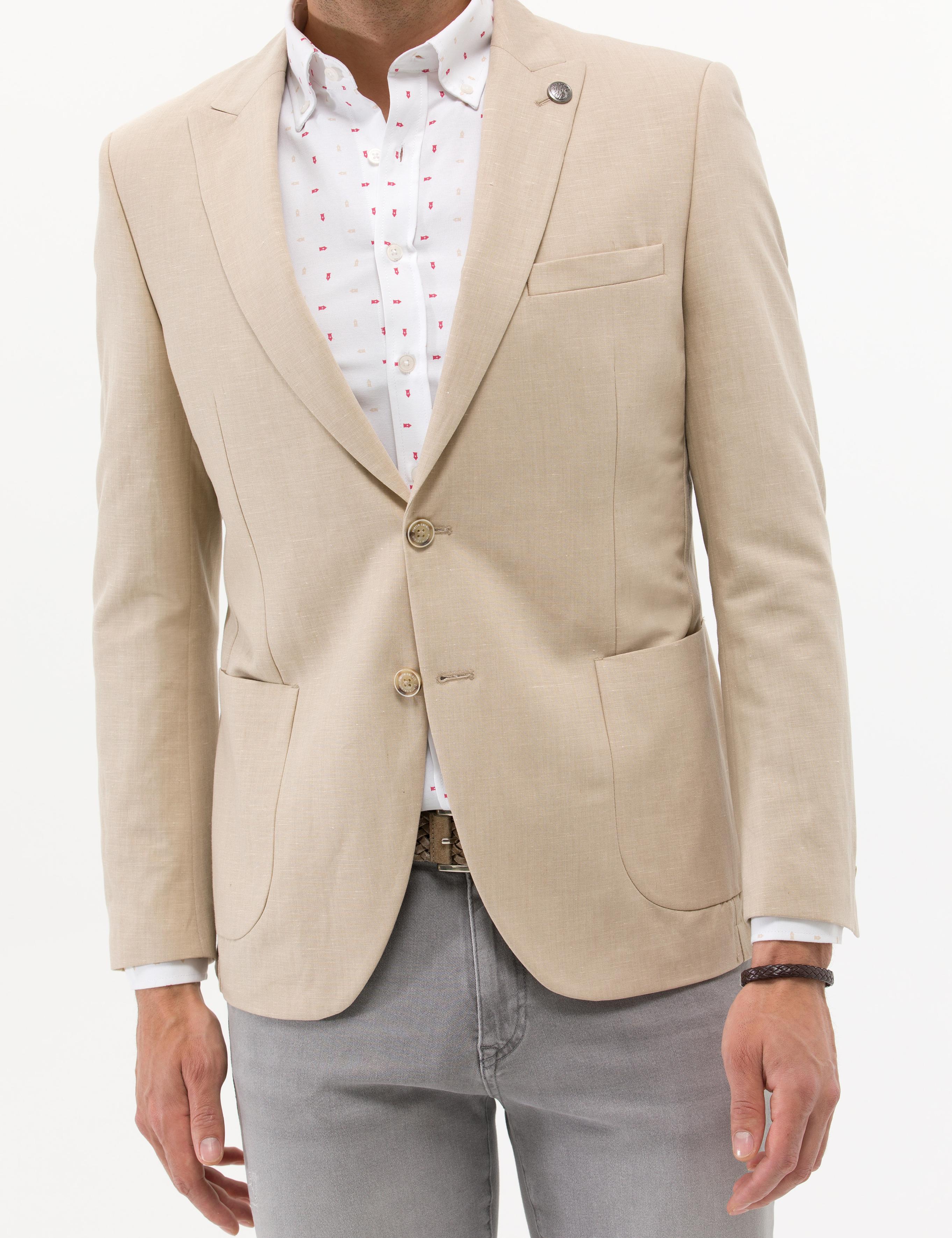 Bej Ex. Slim Fit Keten Karışımlı Ceket