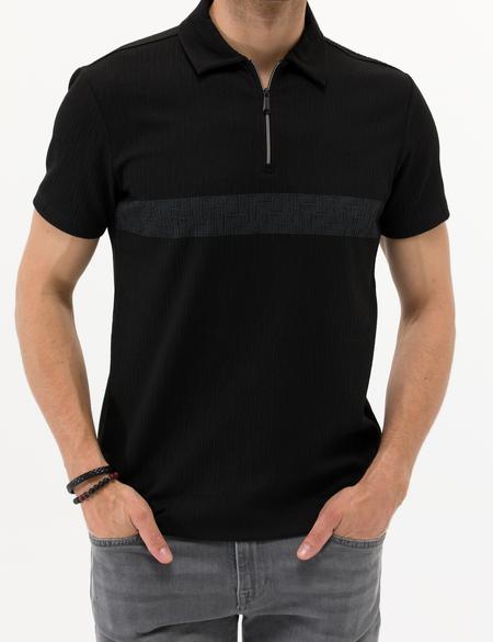 Siyah Slim Fit Göğüs Baskılı Tişört - 50266143019