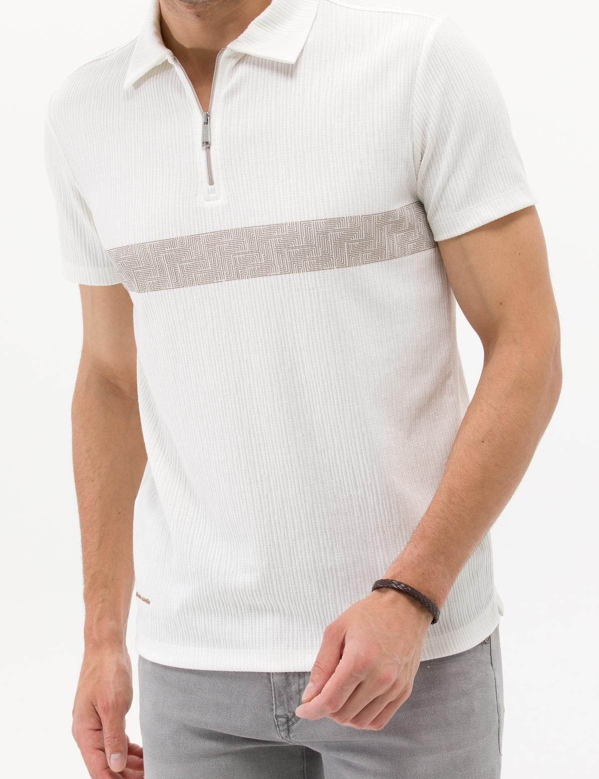 Ekru Slim Fit Fermuarlı Tişört - 50266143041