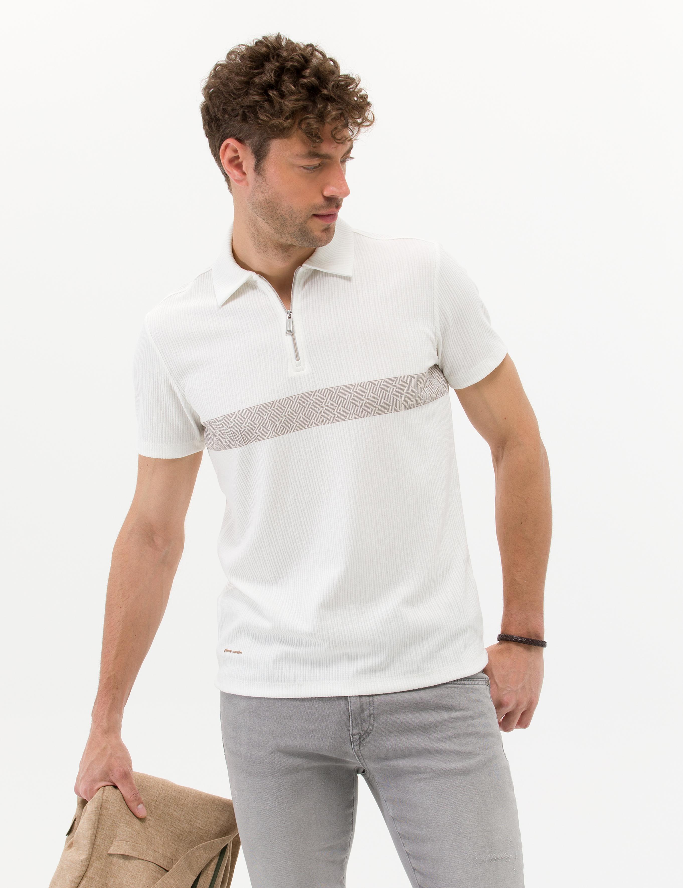 Ekru Slim Fit Fermuarlı Tişört