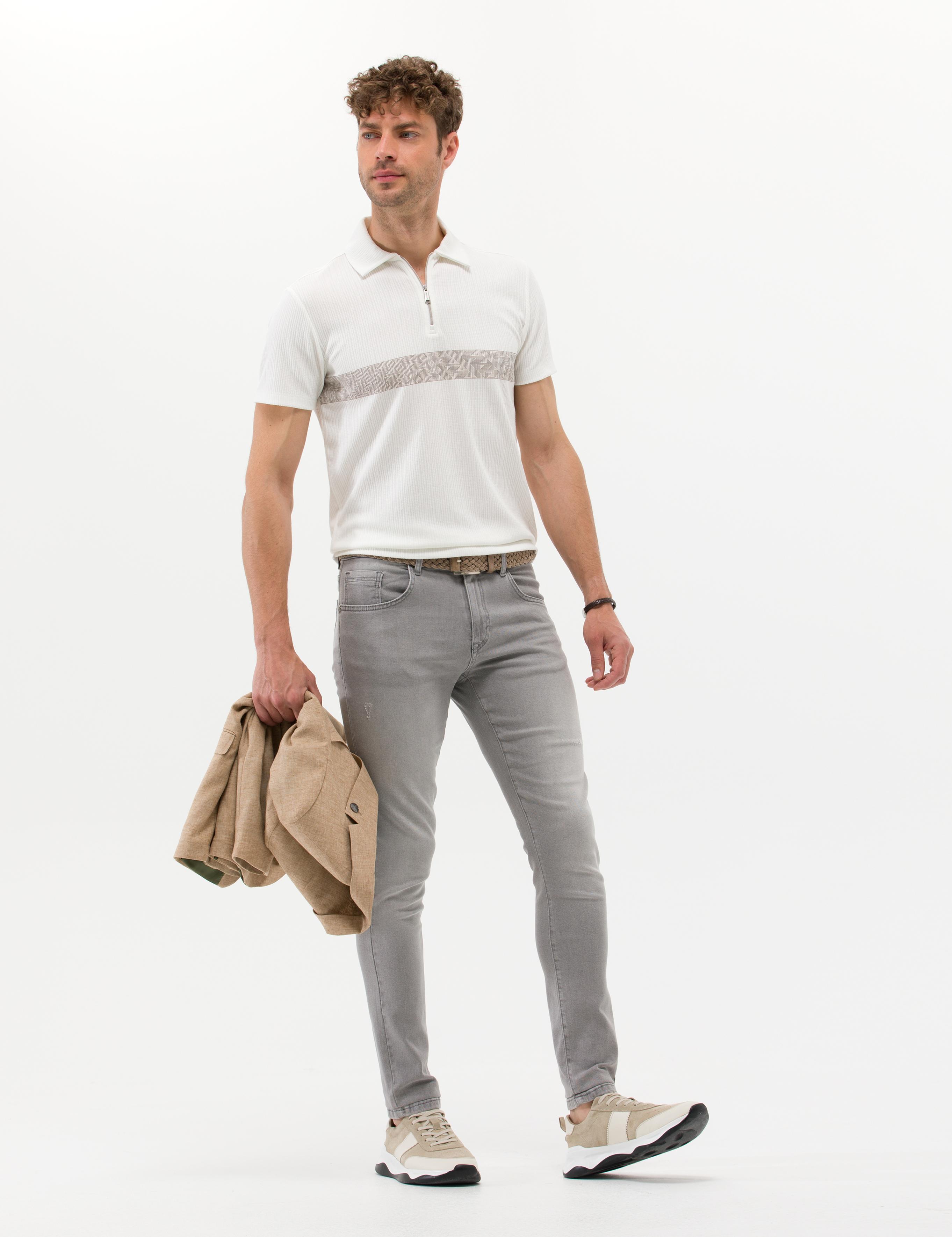 Ekru Slim Fit Fermuarlı Tişört