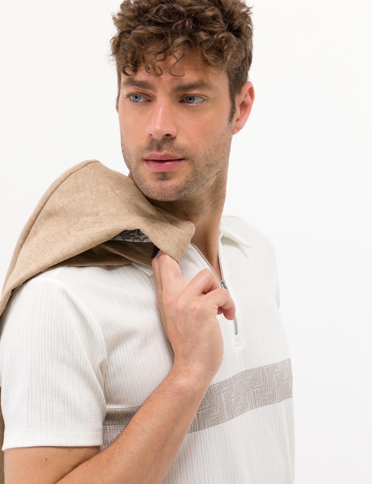 Ekru Slim Fit Fermuarlı Tişört