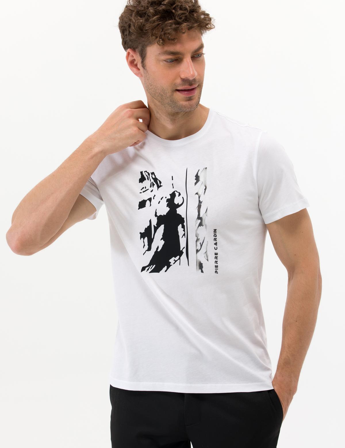 Beyaz Slim Fit Baskılı Bisiklet Yaka Tişört - 50266145043