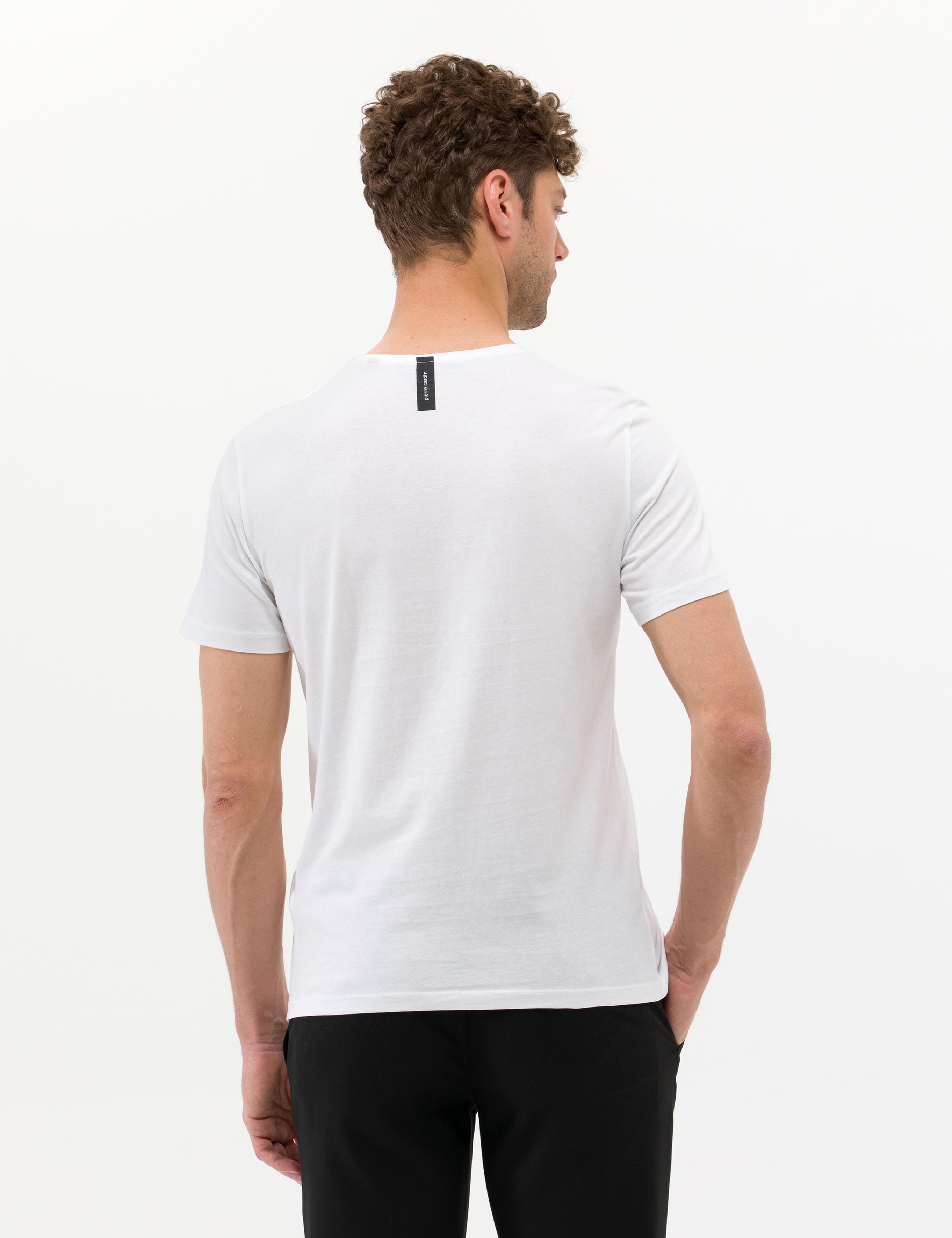 Beyaz Slim Fit Baskılı Bisiklet Yaka Tişört