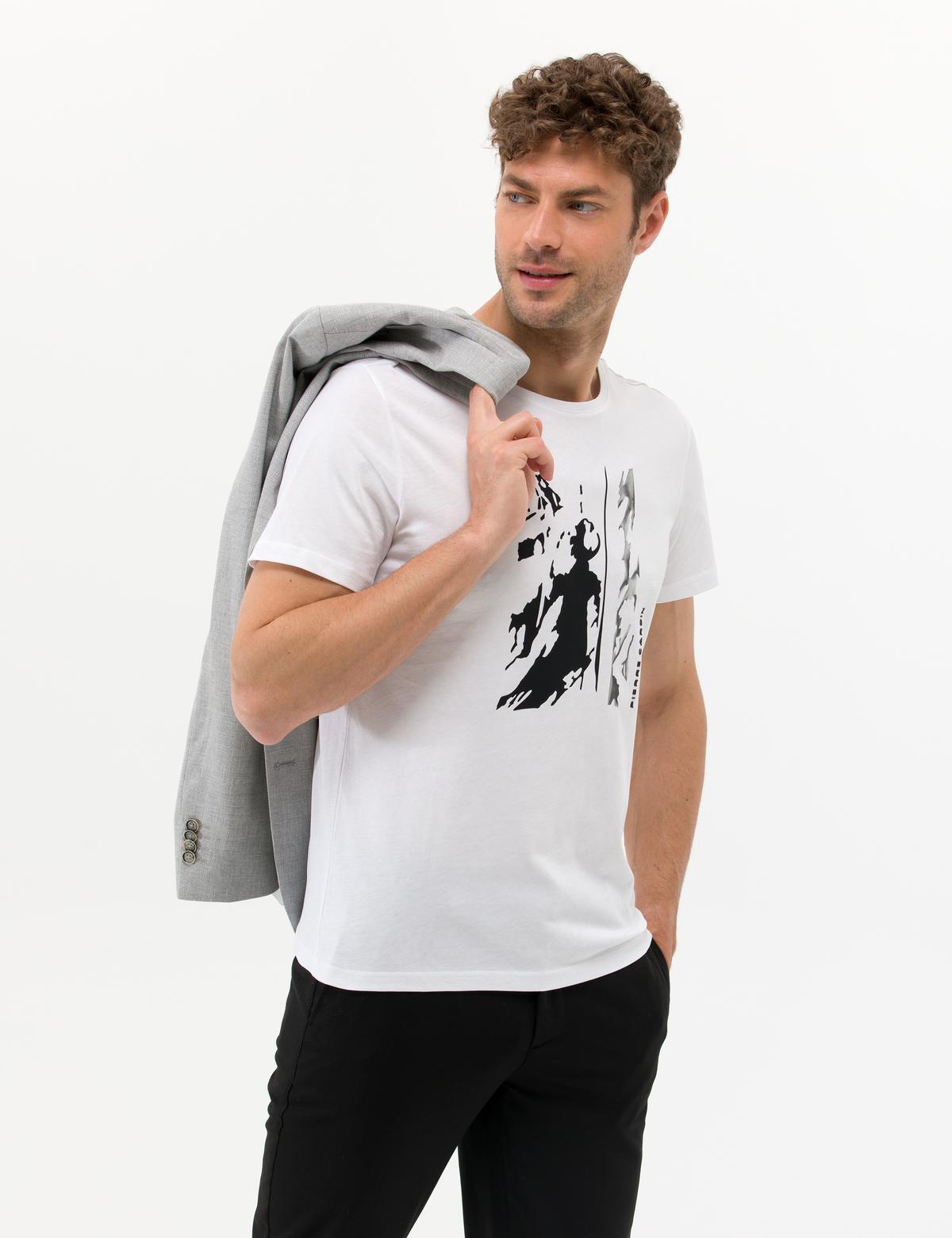 Beyaz Slim Fit Baskılı Bisiklet Yaka Tişört