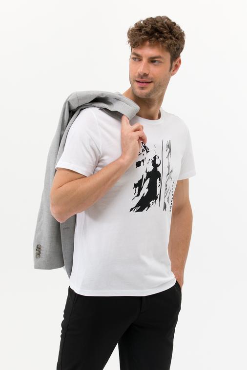 Beyaz Slim Fit Baskılı Bisiklet Yaka Tişört