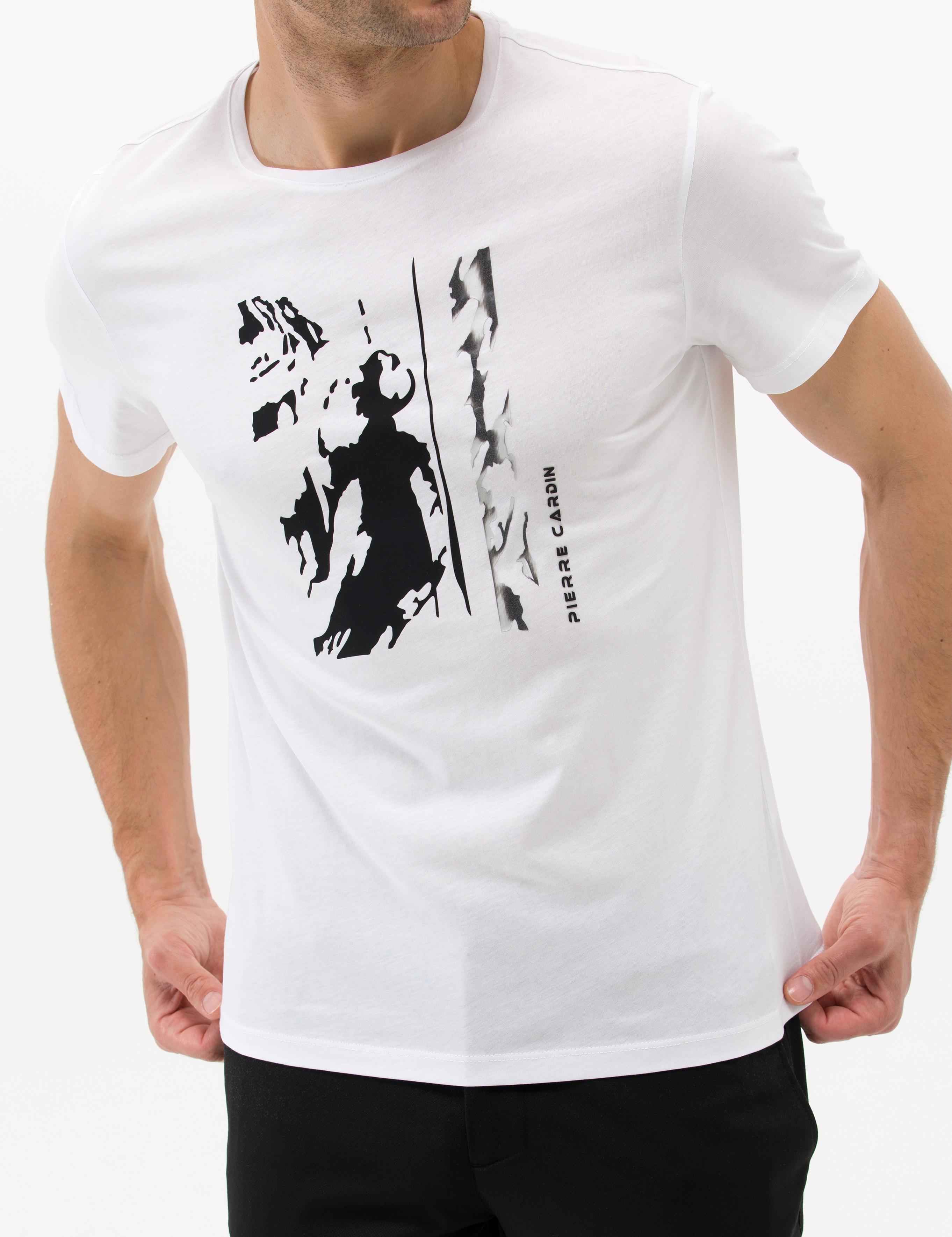 Beyaz Slim Fit Baskılı Bisiklet Yaka Tişört