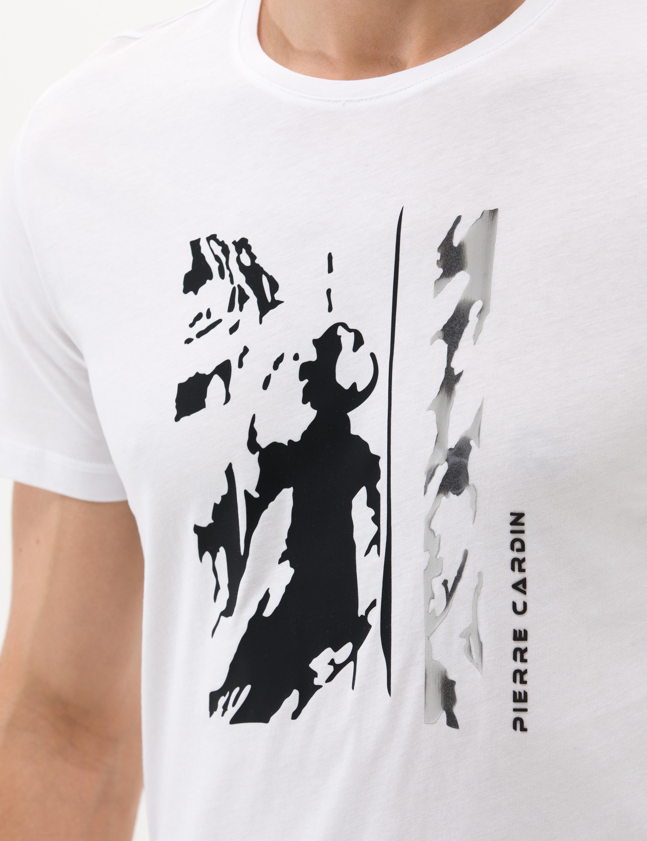 Beyaz Slim Fit Baskılı Bisiklet Yaka Tişört