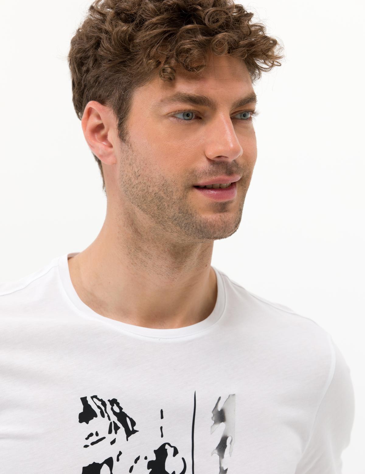 Beyaz Slim Fit Baskılı Bisiklet Yaka Tişört - 50266145043