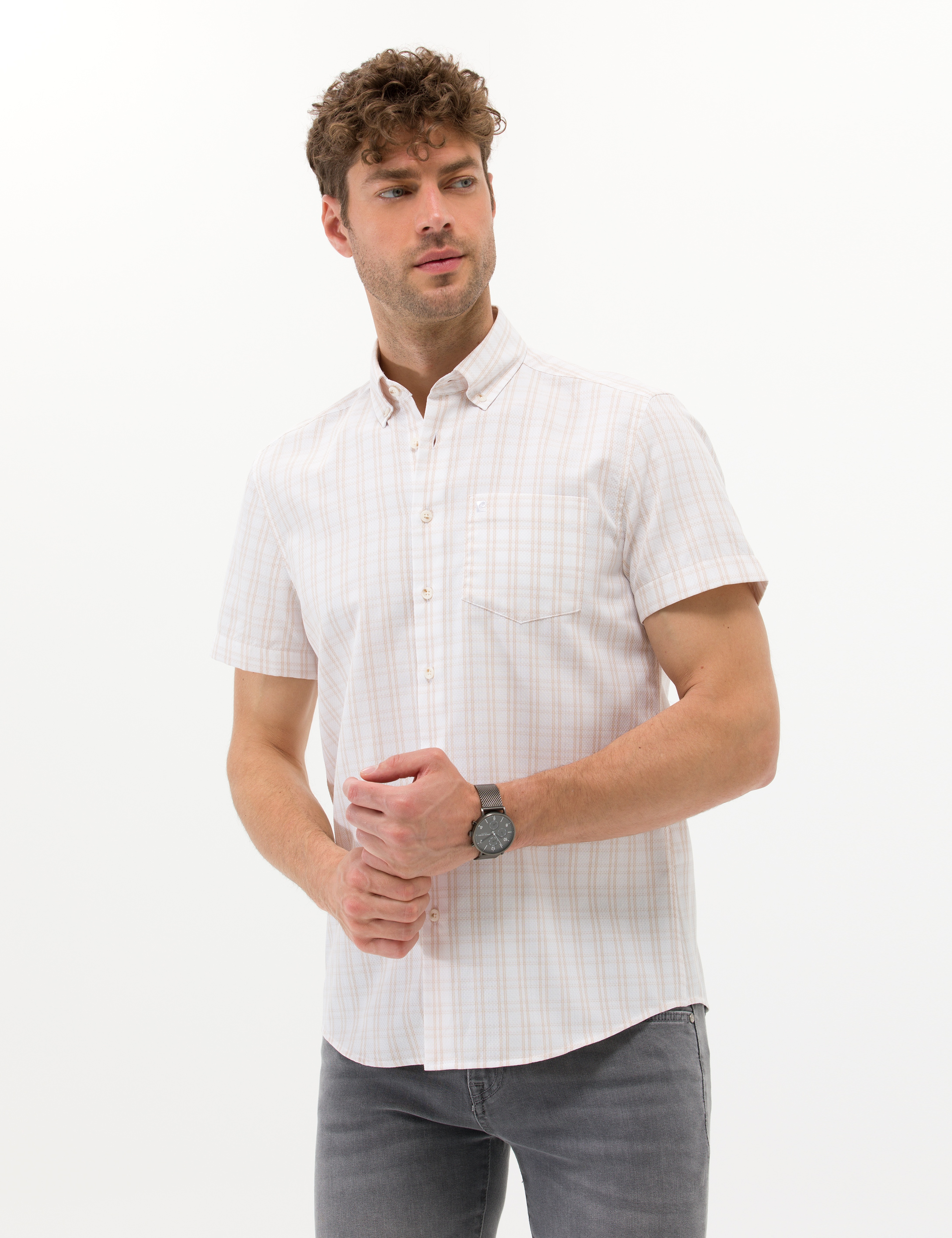 Bej Regular Fit Kısa Kollu Gömlek - Image 1