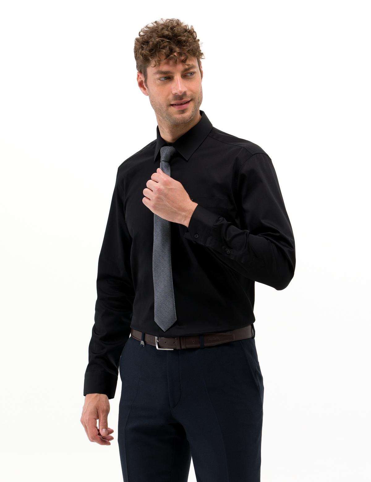 Siyah Parlak Saten Regular Fit Uzun Kollu Basic Gömlek - 50268202027