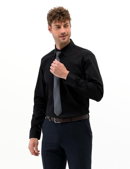 Siyah Parlak Saten Regular Fit Uzun Kollu Basic Gömlek - 50268202027