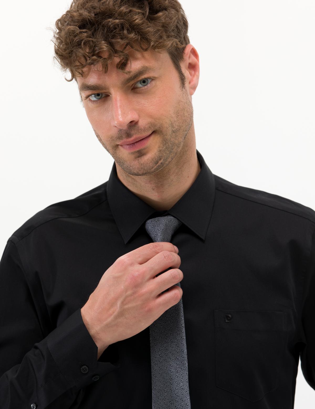 Siyah Parlak Saten Regular Fit Uzun Kollu Basic Gömlek