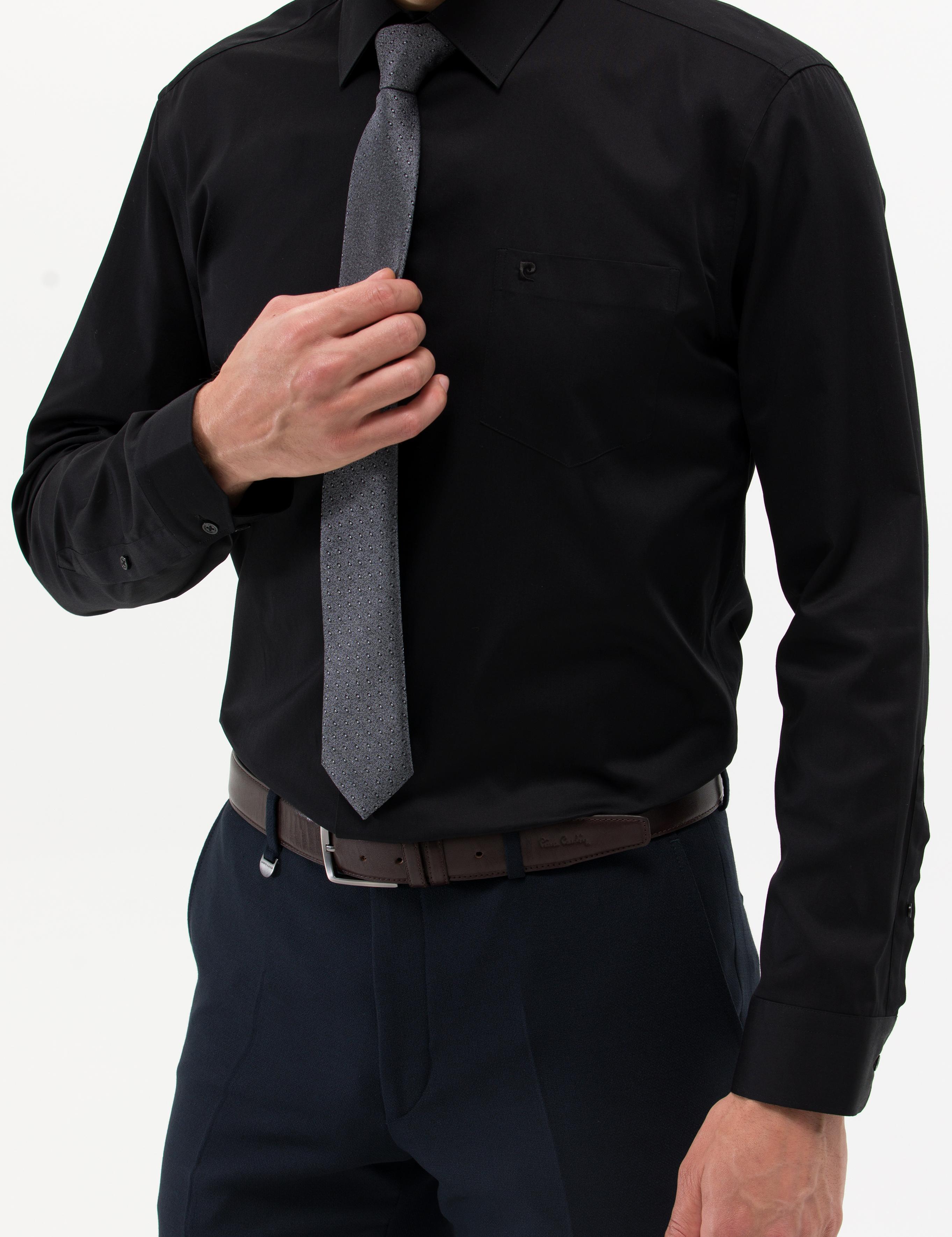 Siyah Parlak Saten Regular Fit Uzun Kollu Basic Gömlek