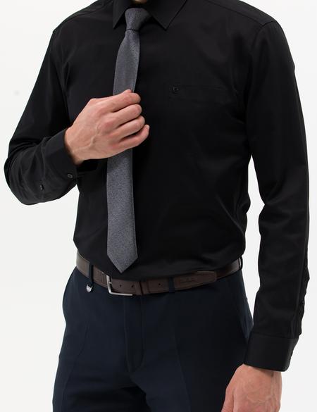 Siyah Parlak Saten Regular Fit Uzun Kollu Basic Gömlek - 50268202027