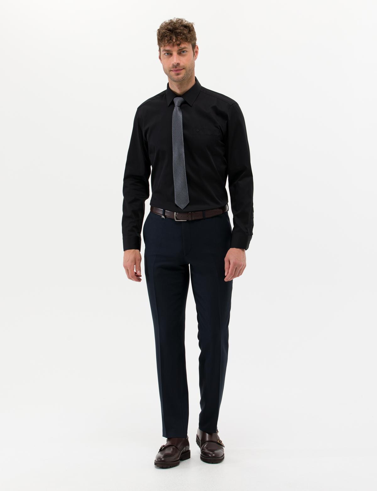 Siyah Parlak Saten Regular Fit Uzun Kollu Basic Gömlek - 50268202027