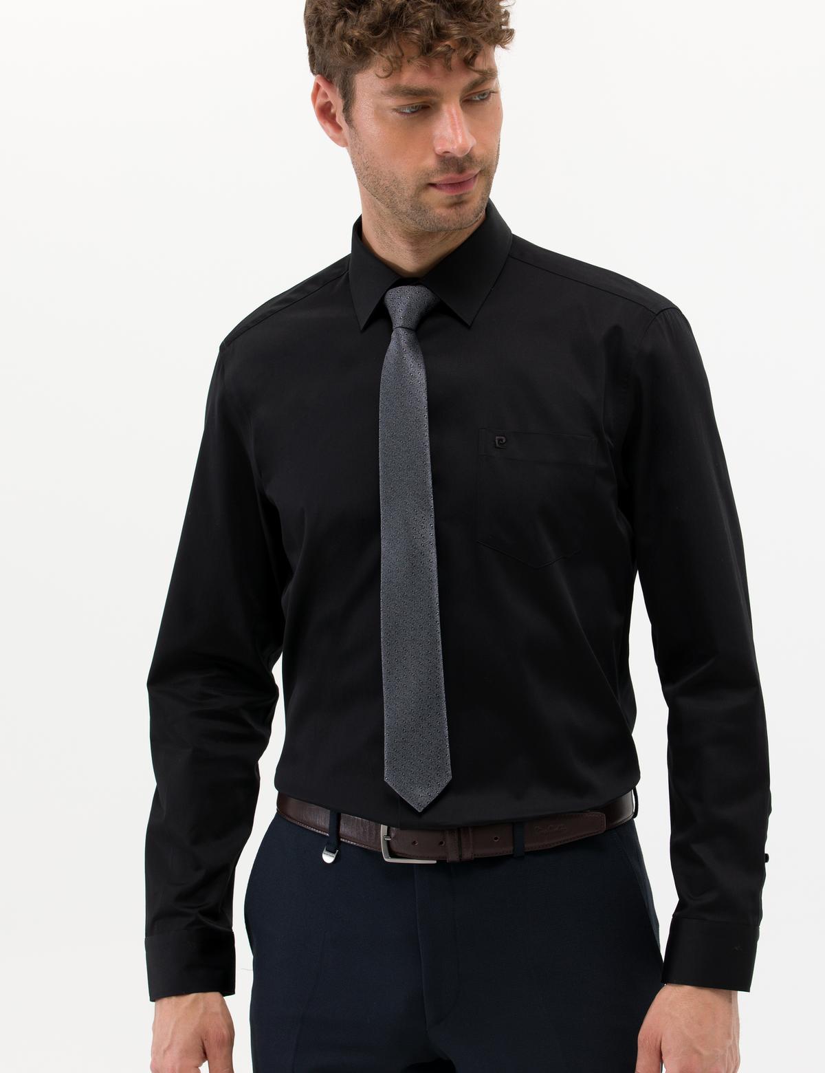 Siyah Parlak Saten Regular Fit Uzun Kollu Basic Gömlek - 50268202027