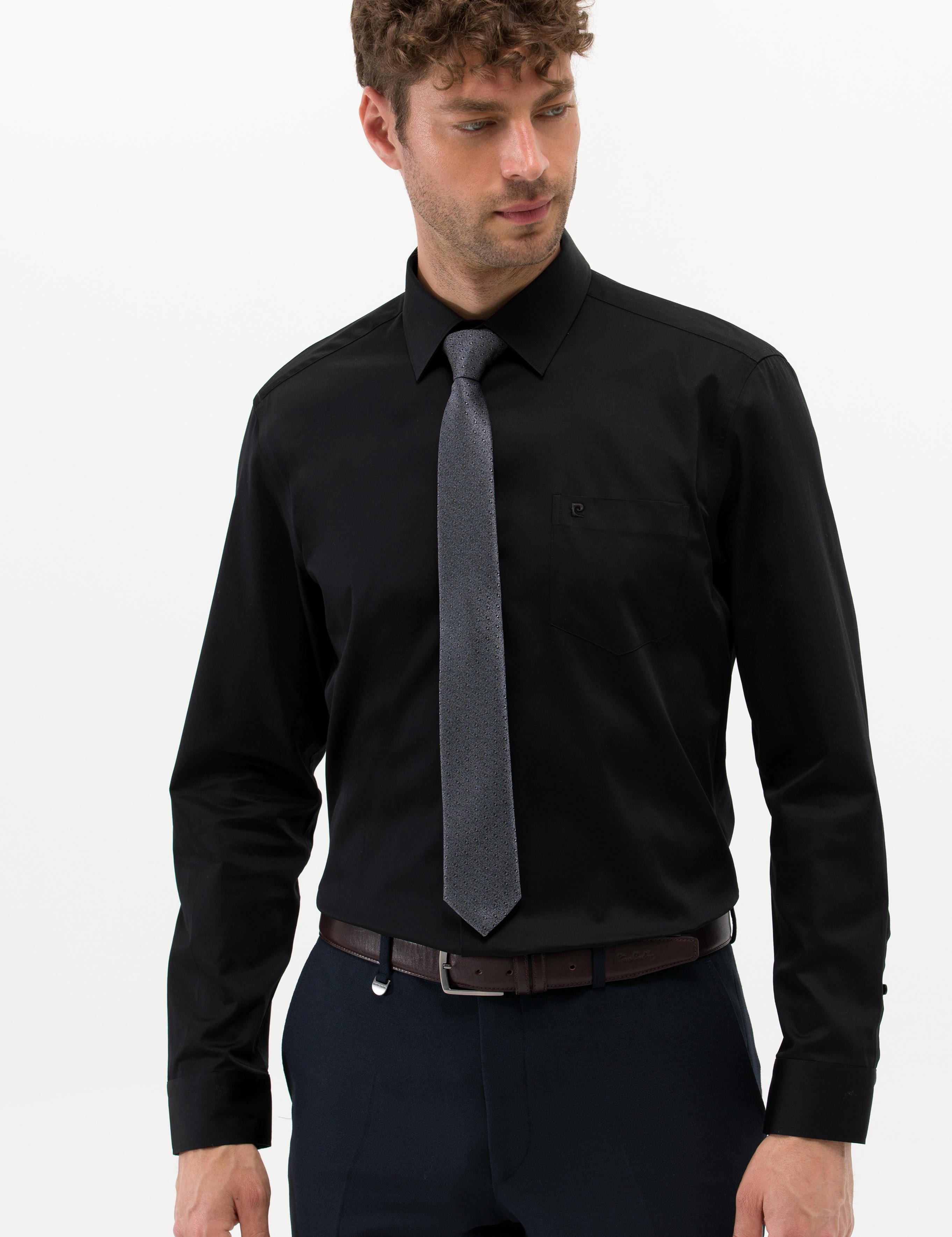 Siyah Parlak Saten Regular Fit Uzun Kollu Basic Gömlek