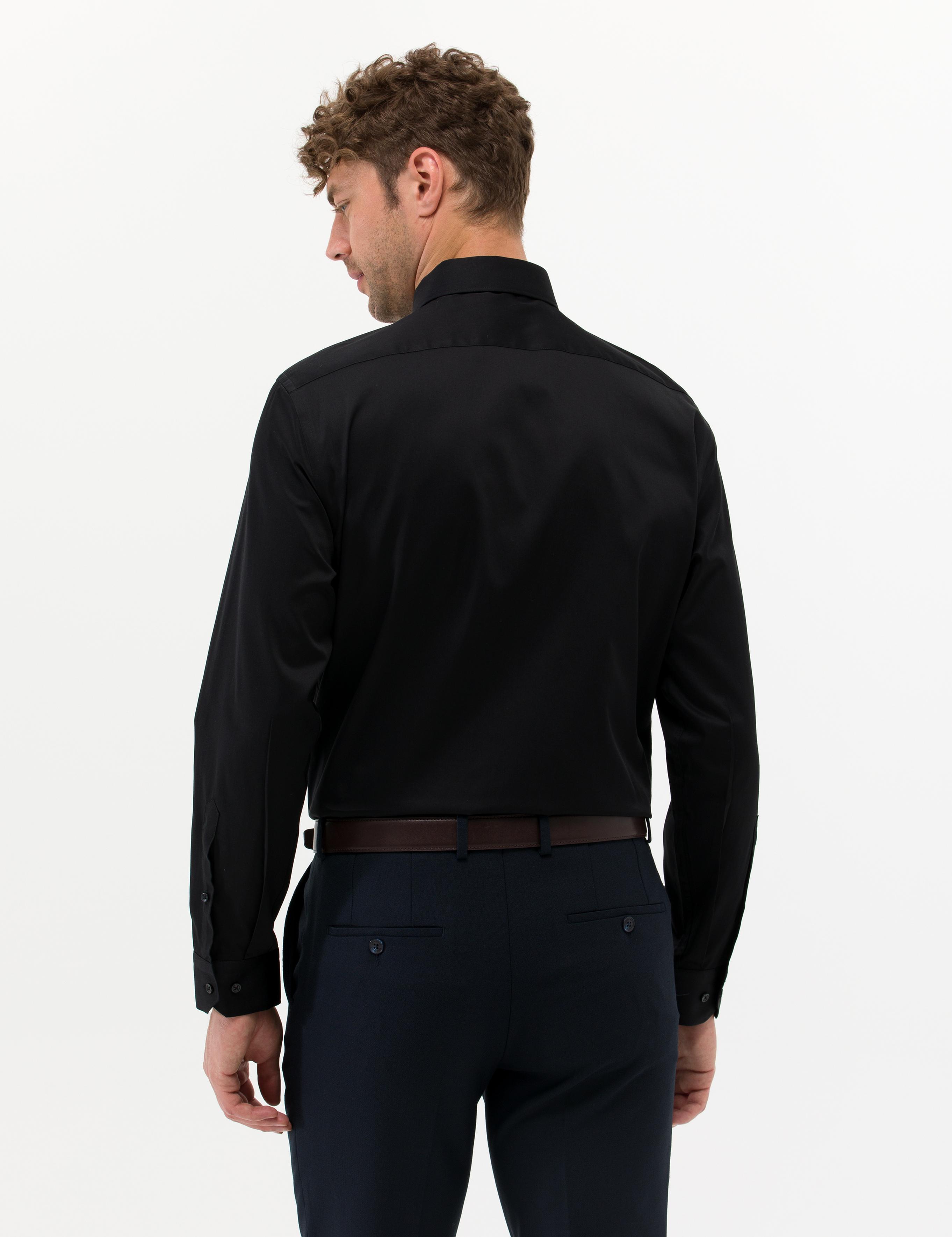 Siyah Parlak Saten Regular Fit Uzun Kollu Basic Gömlek