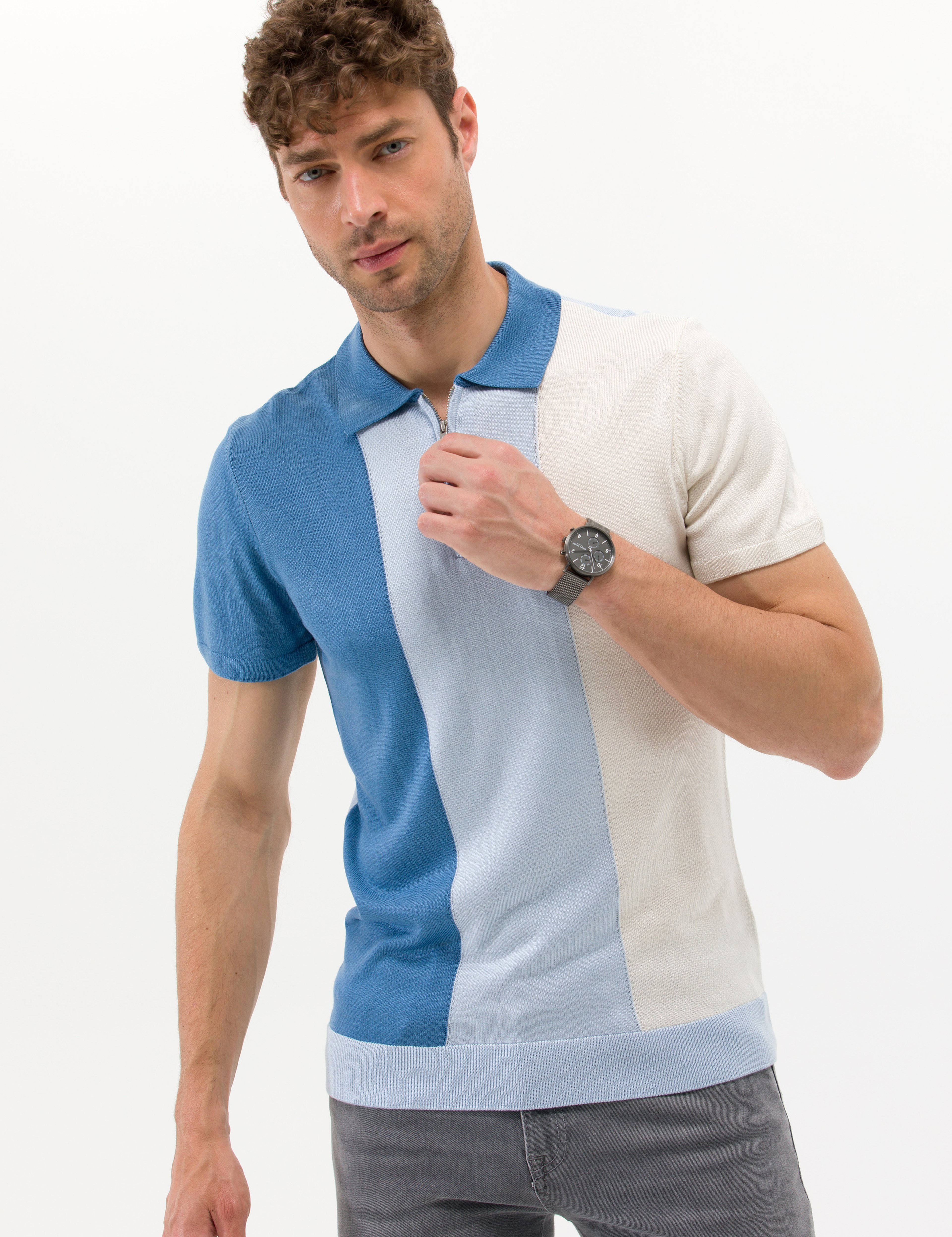 İndigo Slim Fit Fermuarlı Polo Yaka Triko Tişört - Image 1