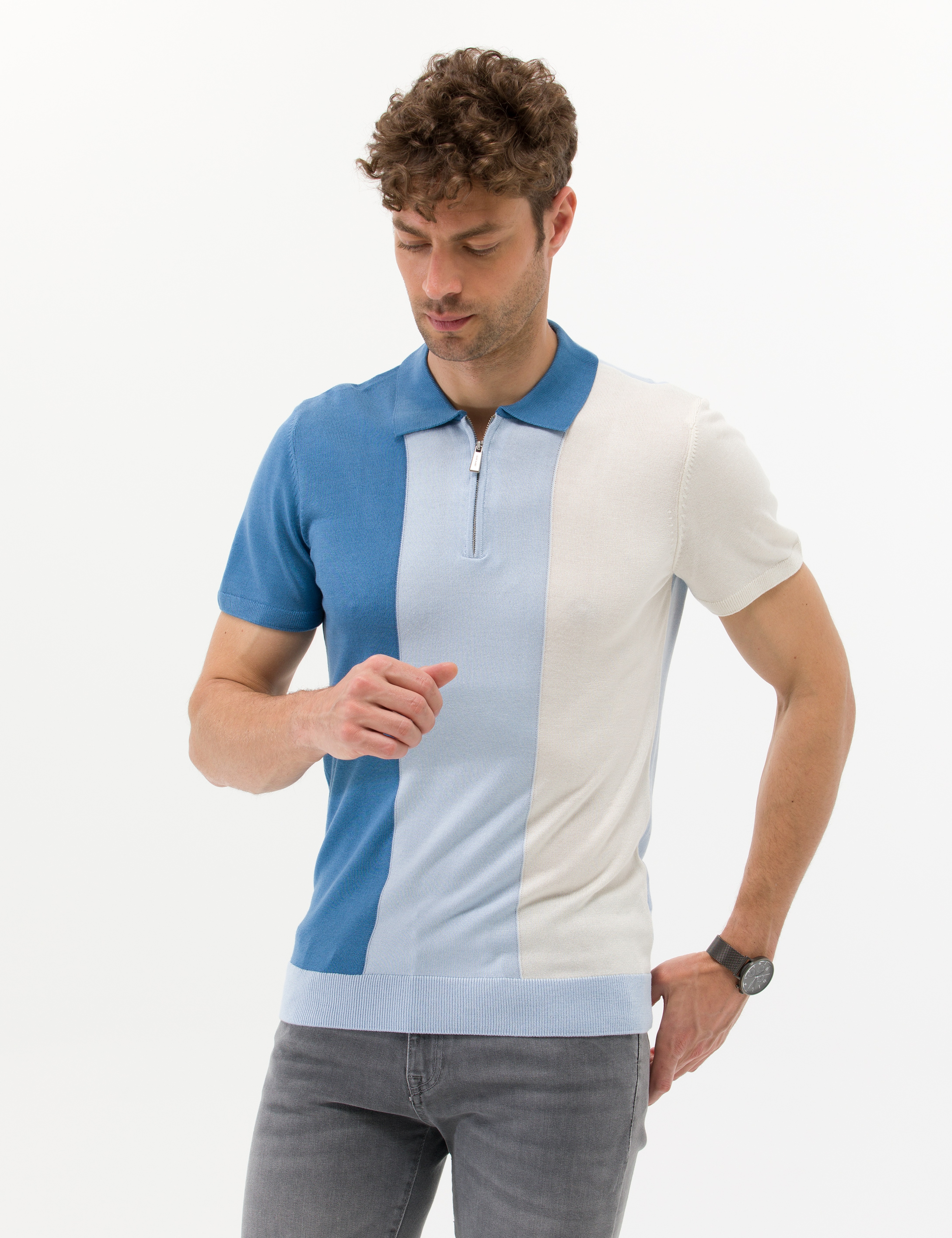 İndigo Slim Fit Fermuarlı Polo Yaka Triko Tişört - Image 2