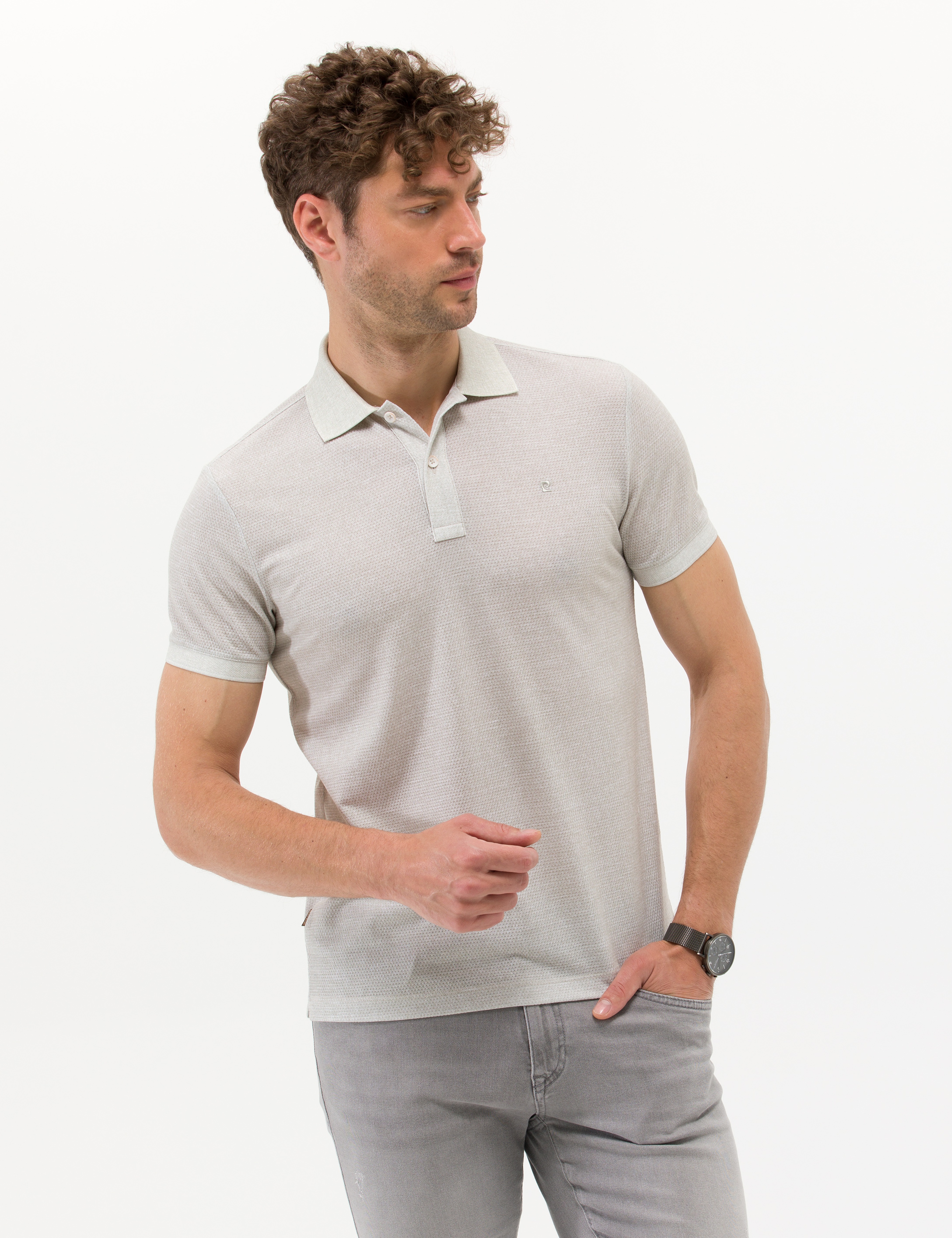 Açık Yeşil Slim Fit Dokulu Polo Yaka Tişört - Image 1