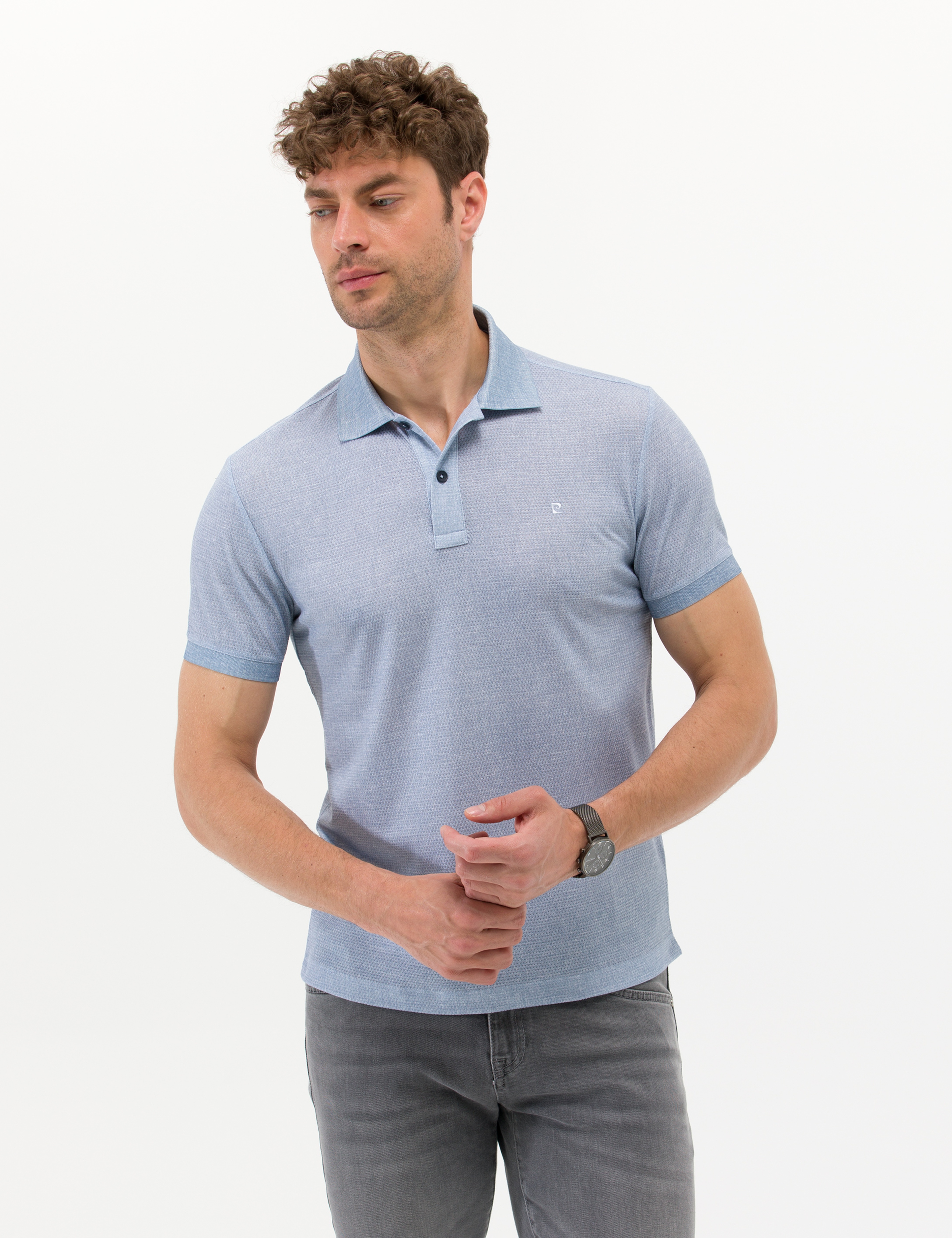 Mavi Slim Fit Dokulu Polo Yaka Tişört - Image 1