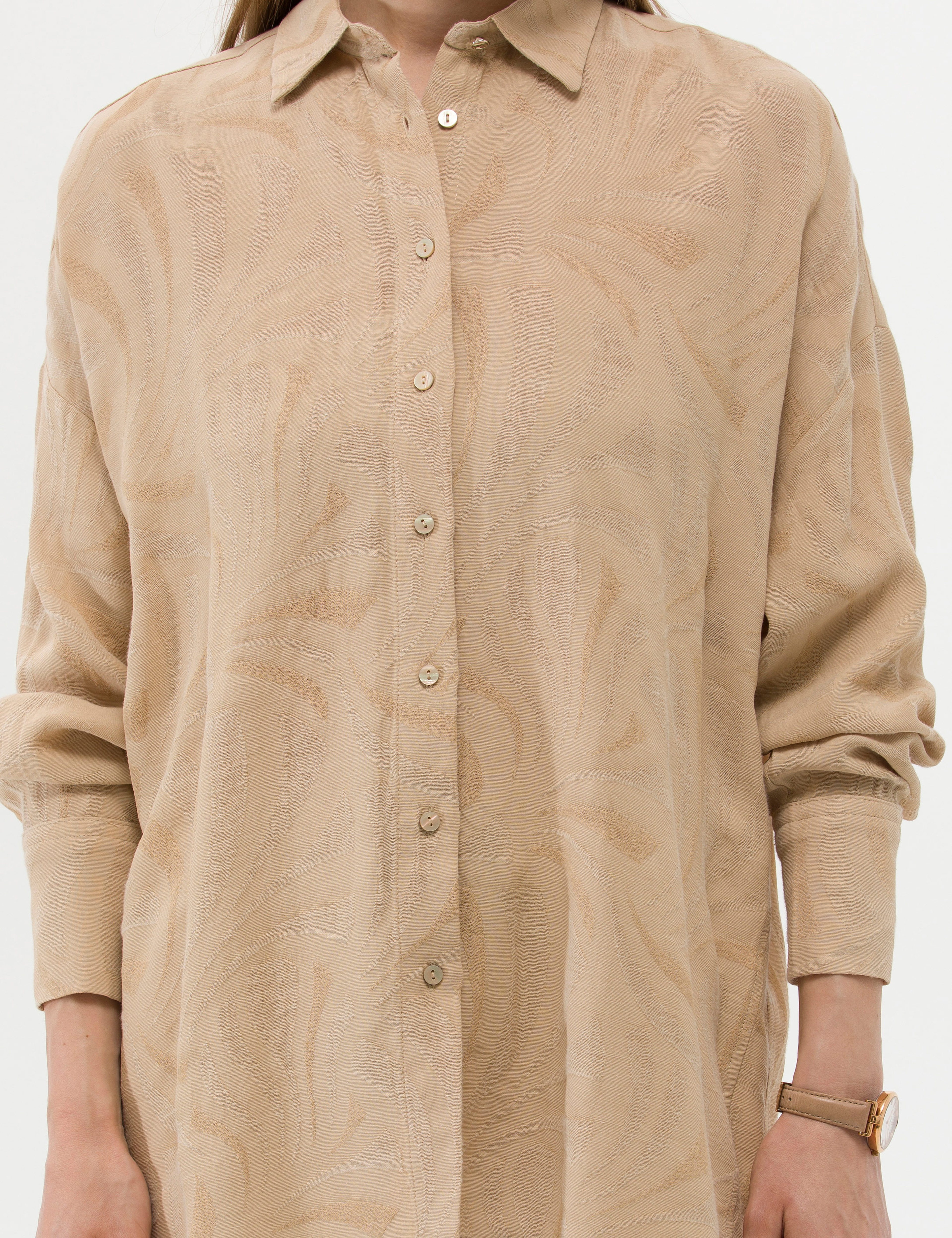 Bej Keten Karışımlı Oversize Gömlek - Image 6