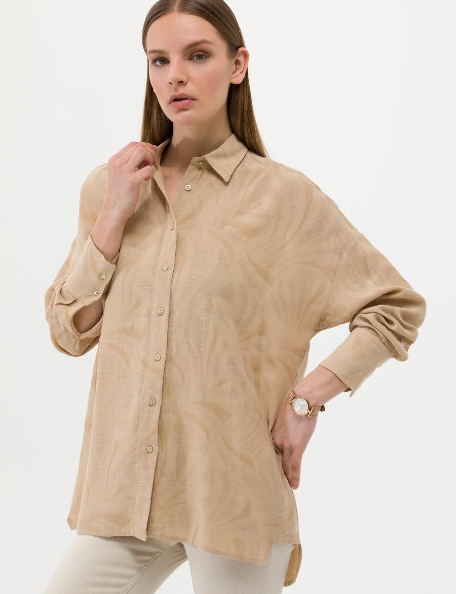 Bej Keten Karışımlı Oversize Gömlek