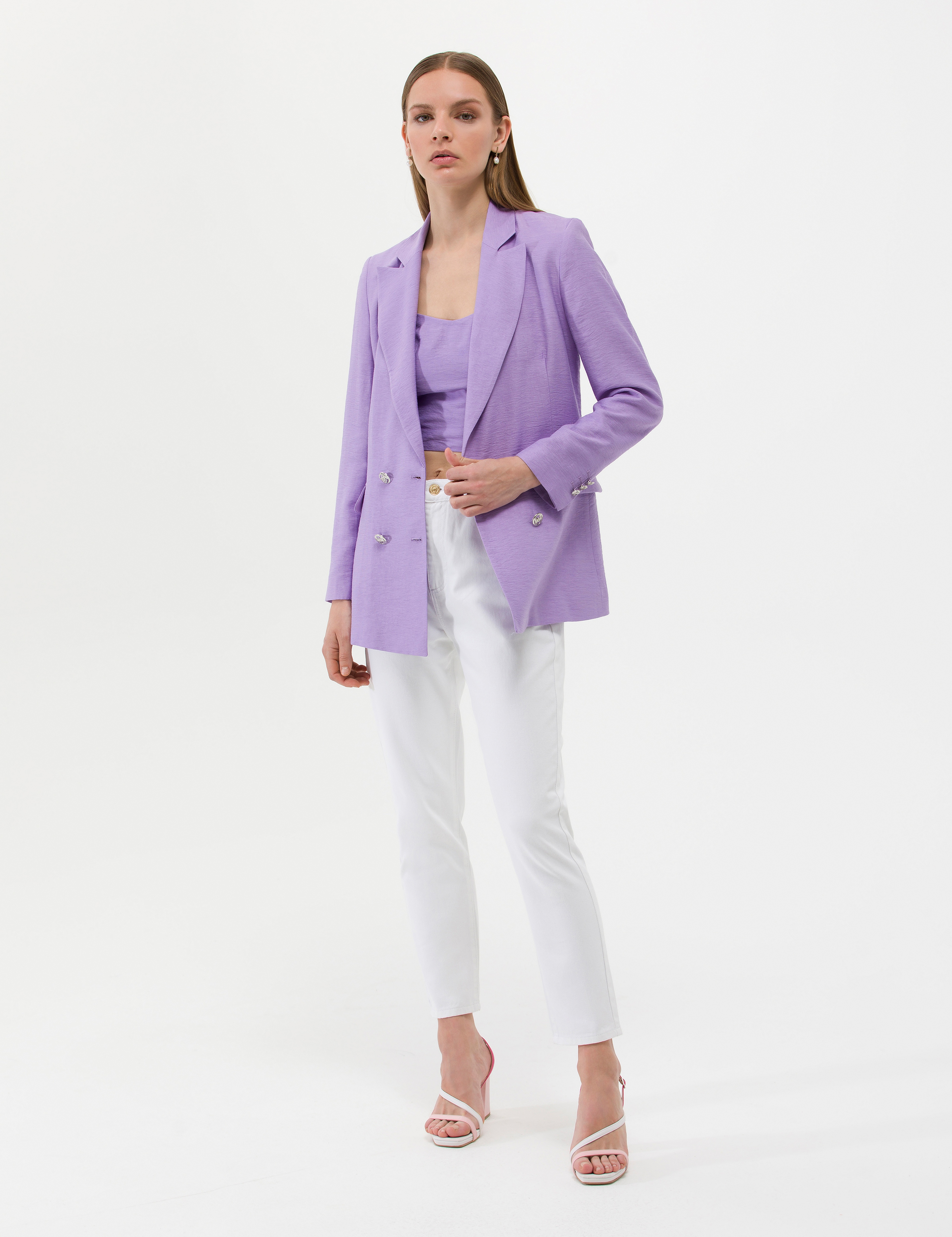 Mor Kruvaze Slim Fit Ceket - Image 4