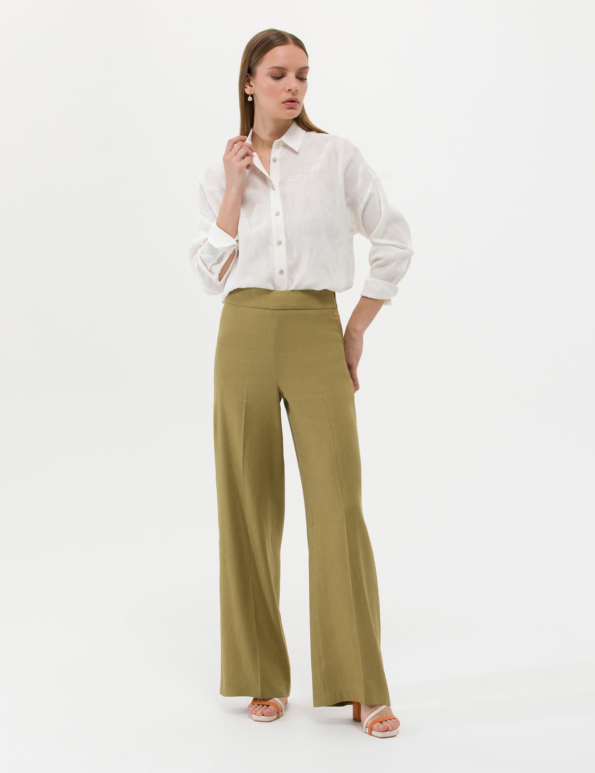 Yeşil Keten Karışımlı Kumaş Pantolon