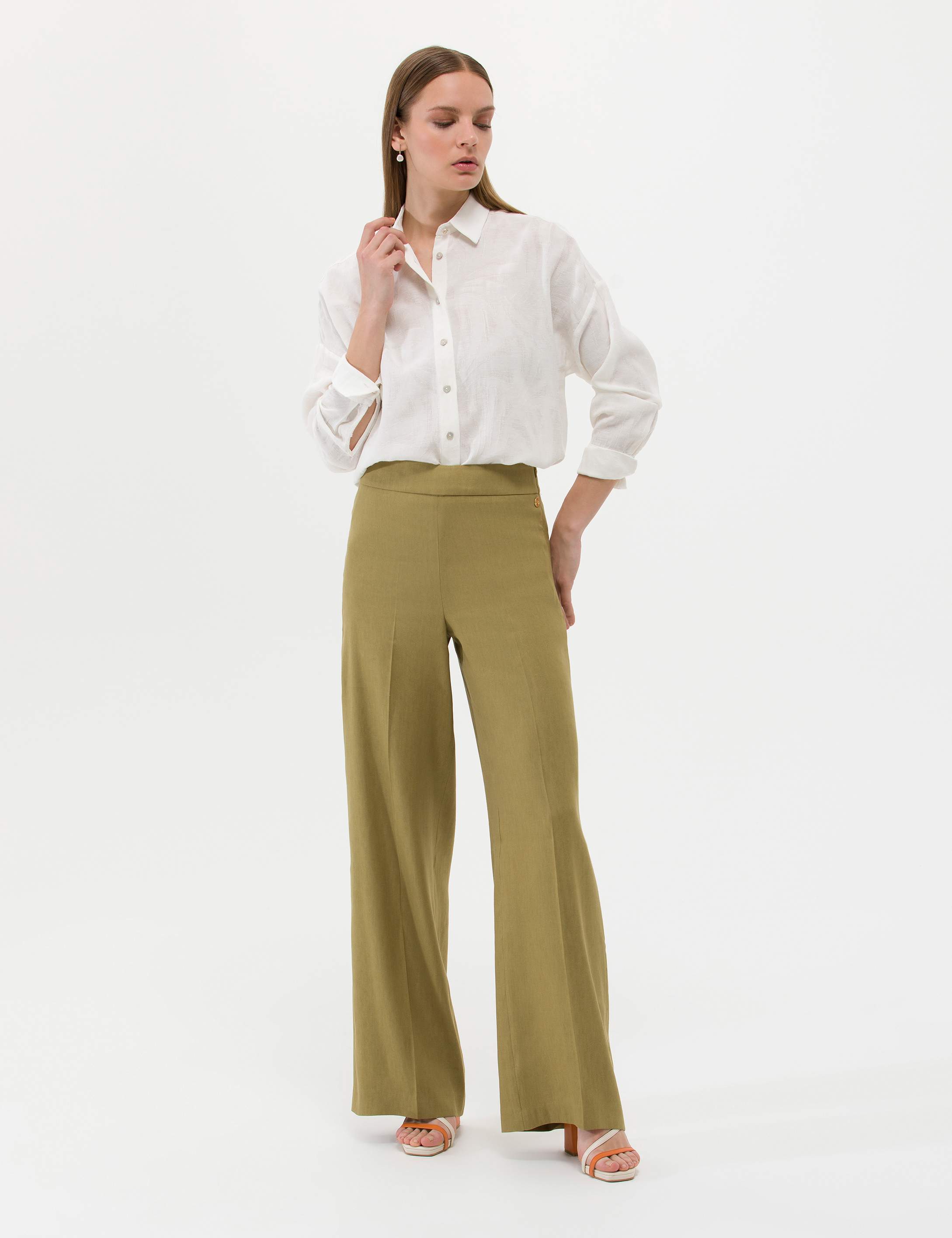 Yeşil Keten Karışımlı Kumaş Pantolon - Image 1