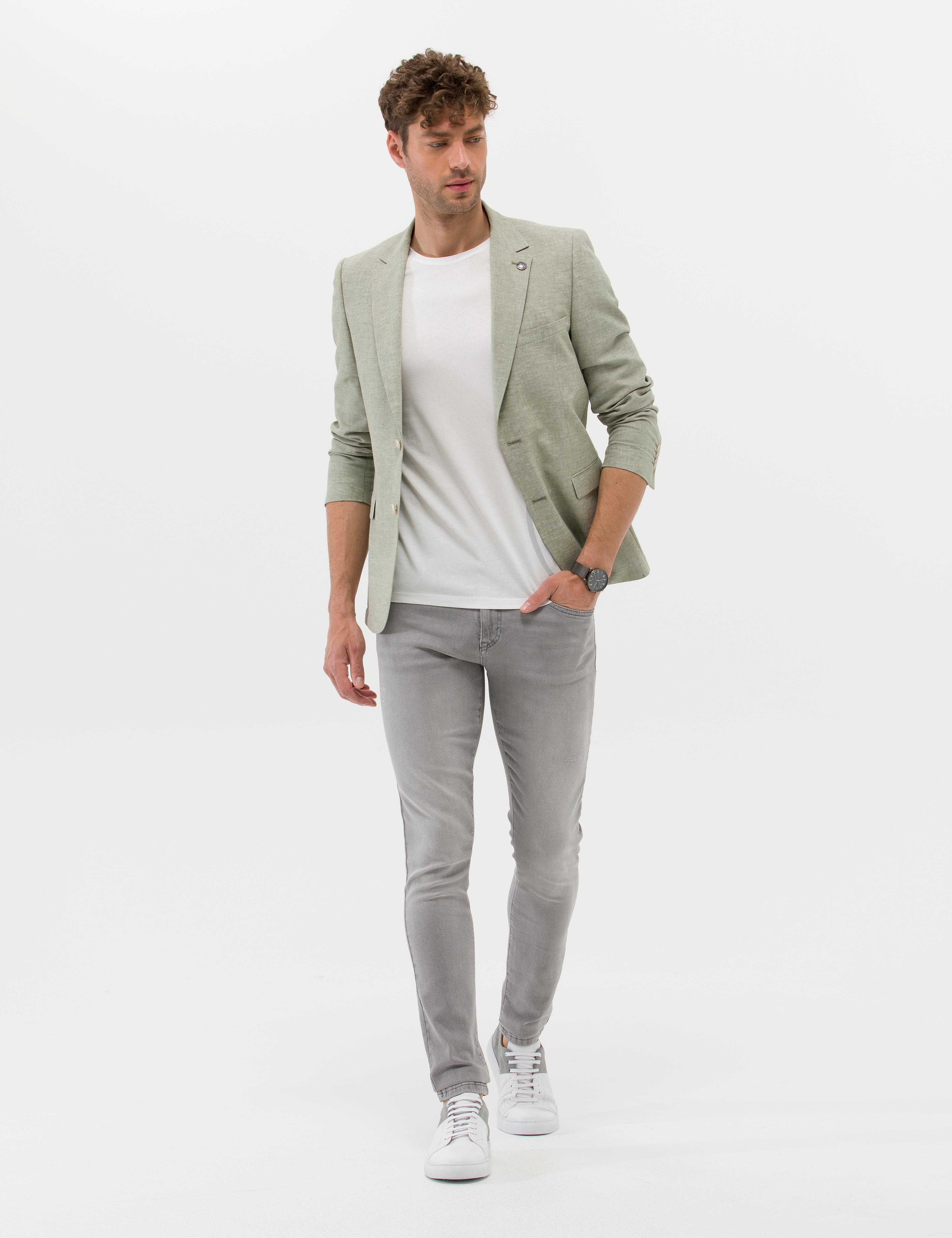 Açık Yeşil Ekstra Slim Fit Keten Karışımlı Blazer Ceket