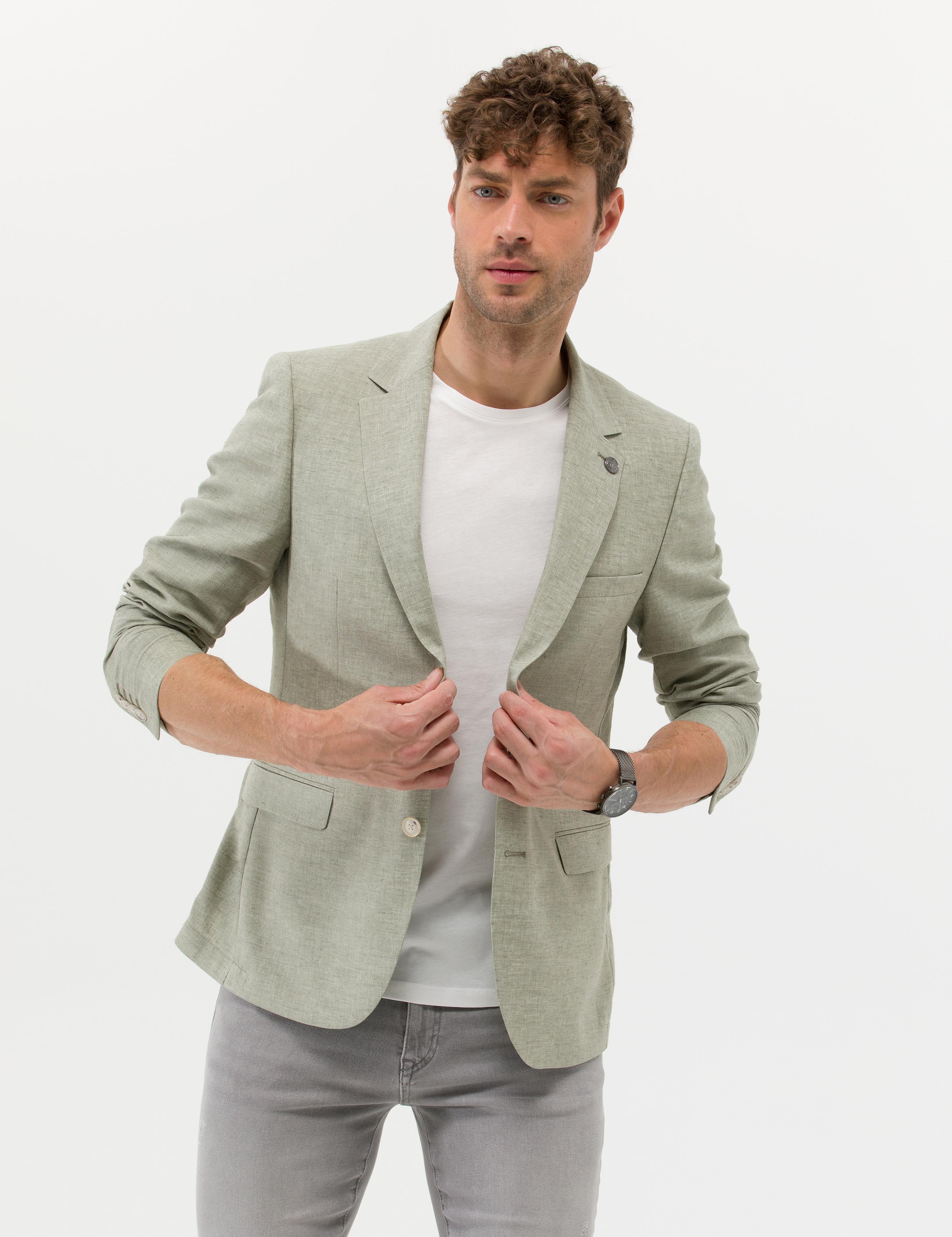 Açık Yeşil Ekstra Slim Fit Keten Karışımlı Blazer Ceket