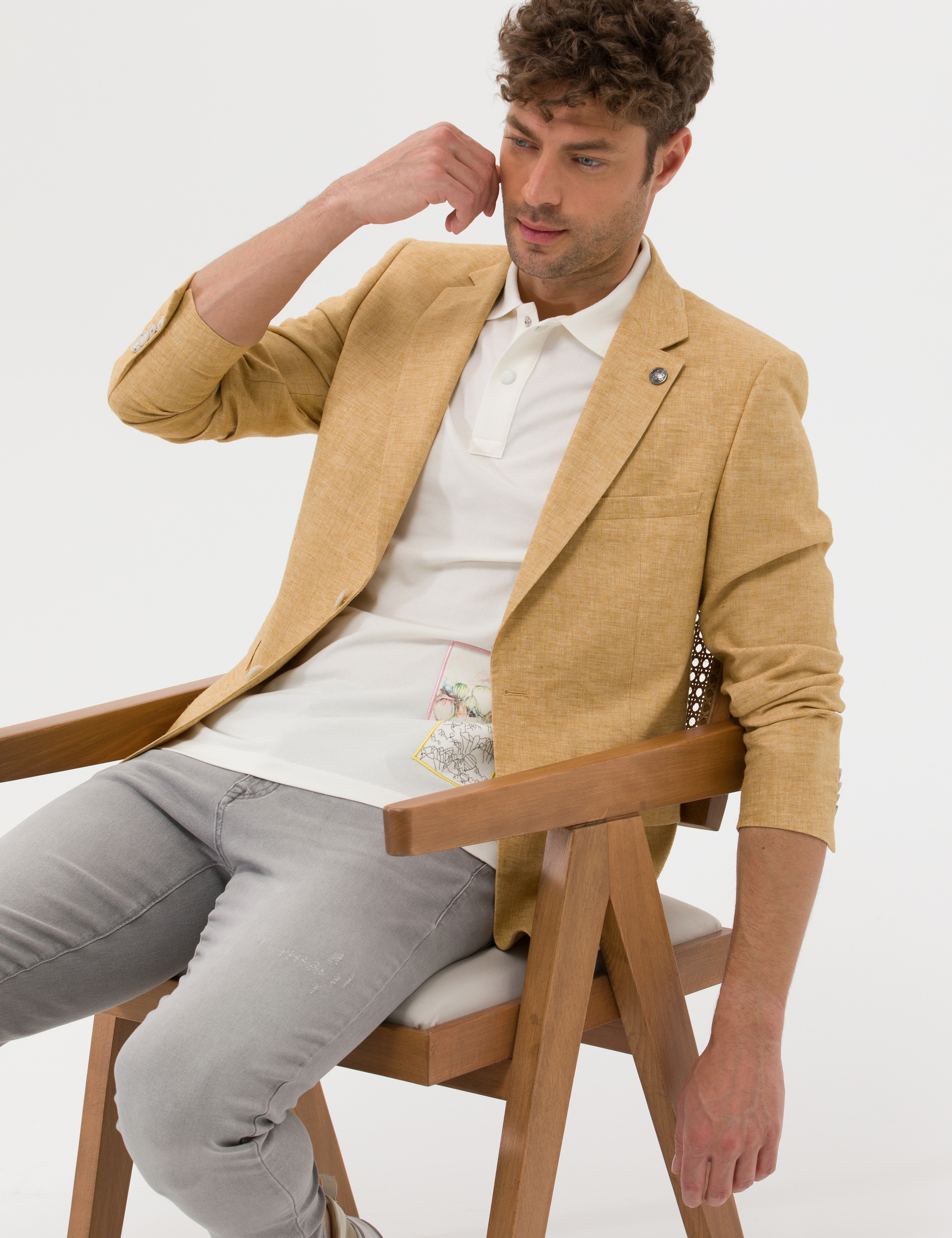 Sarı Ekstra Slim Fit Keten Karışımlı Blazer Ceket - Image 1