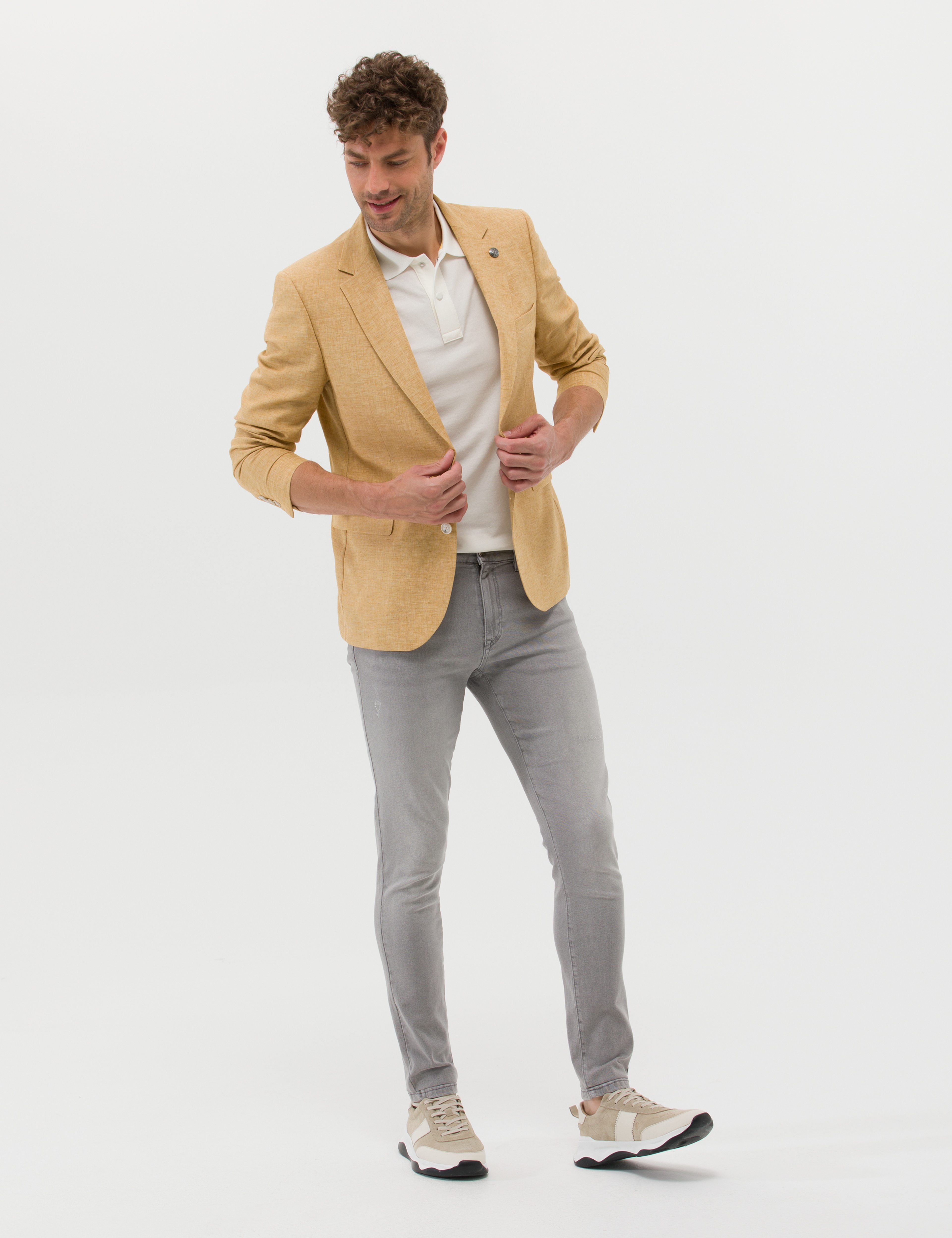 Sarı Ekstra Slim Fit Keten Karışımlı Blazer Ceket