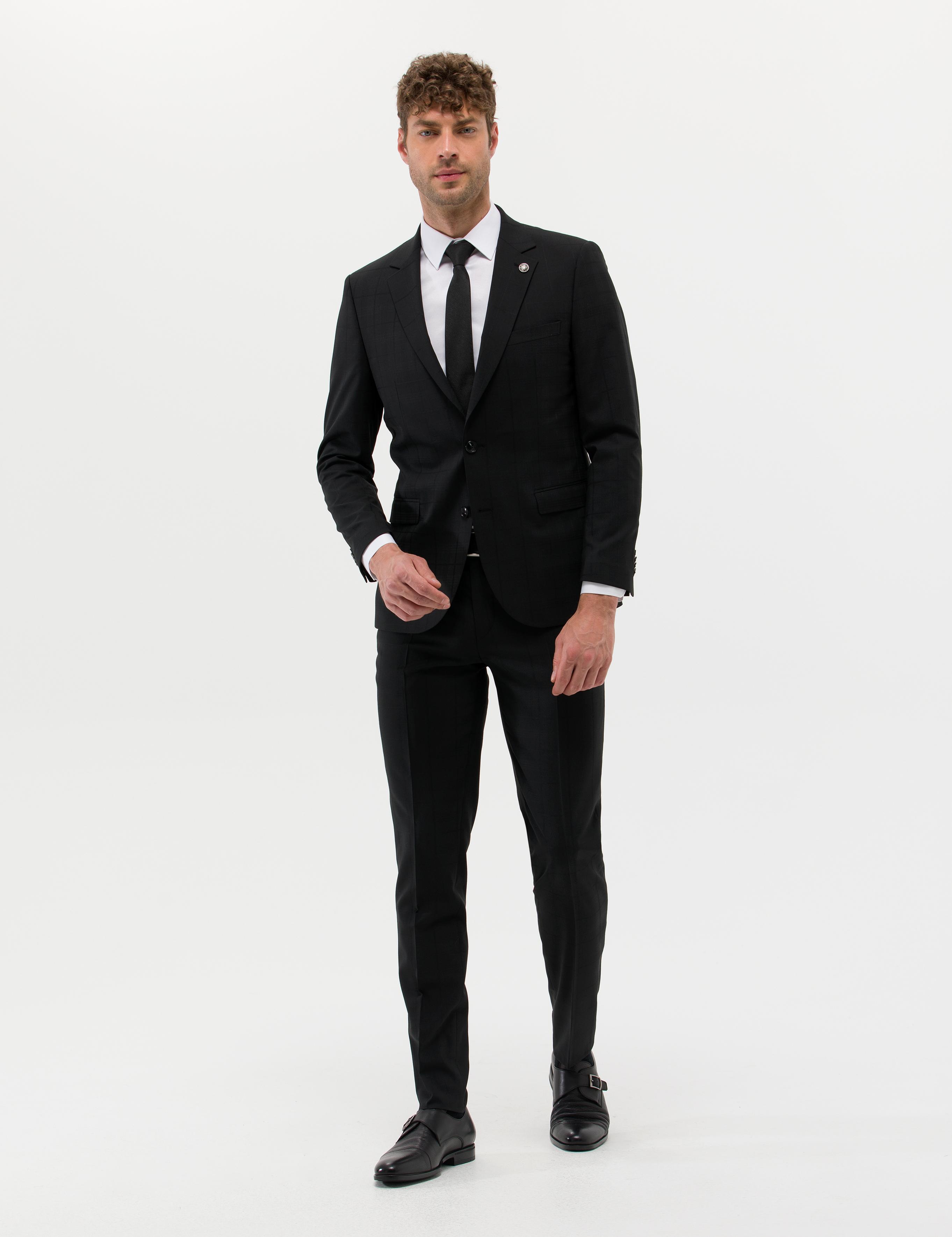 Ekose Ekstra Slim Fit Siyah Takım Elbise