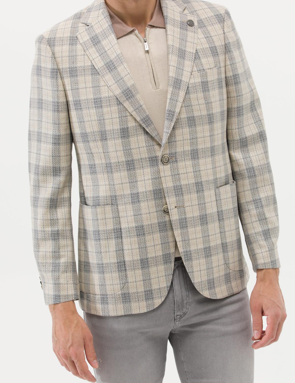 Gri Ekose İpek Yün Karışımlı Spor Ceket - 50264607008