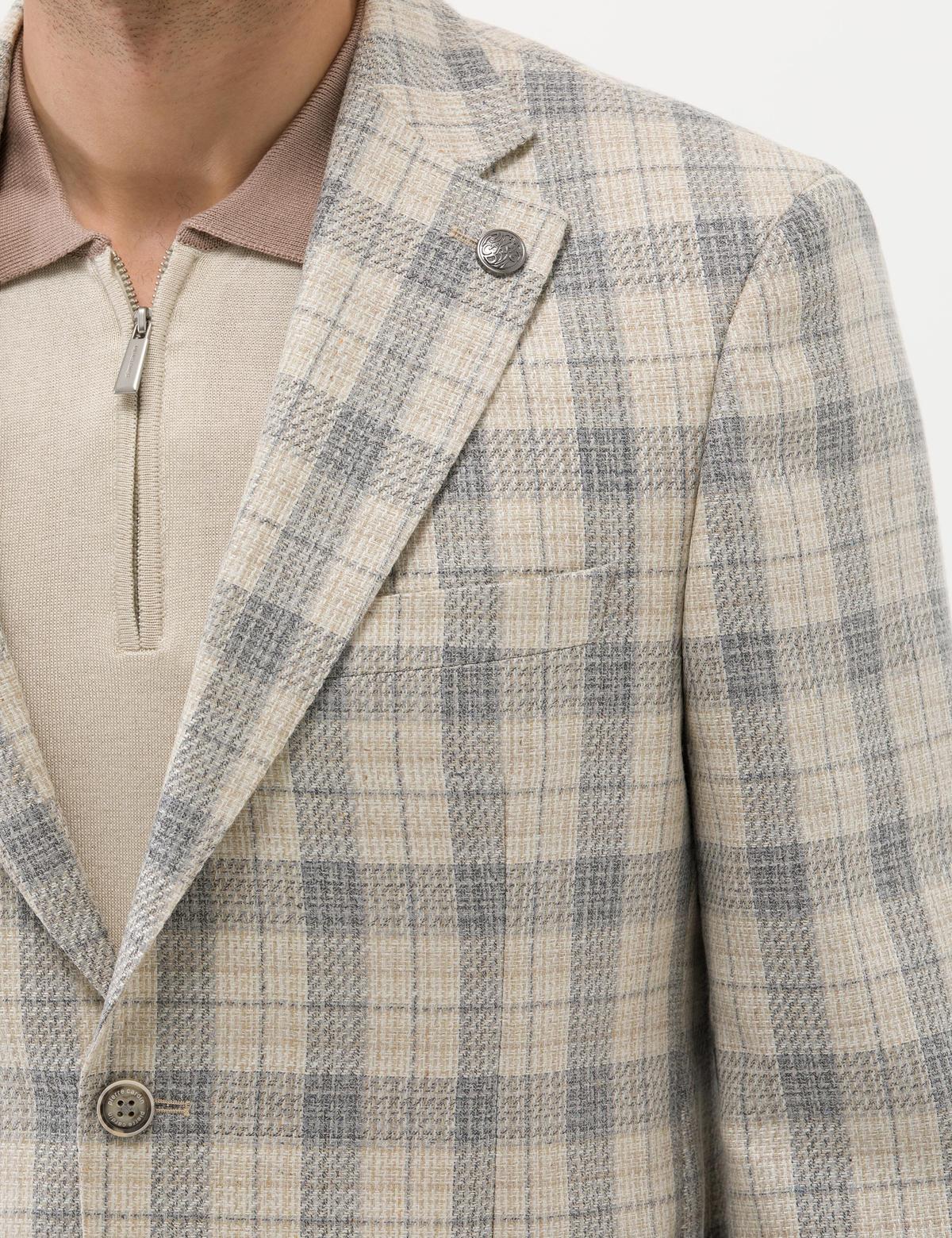 Gri Ekose İpek Yün Karışımlı Spor Ceket - 50264607008