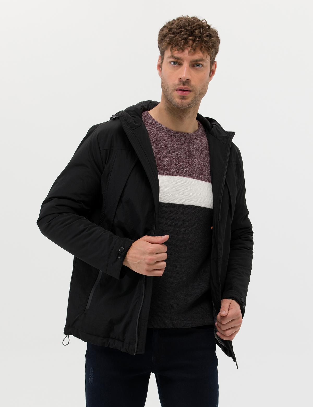 Siyah Basic Kapüşonlu Mont - 50254537032