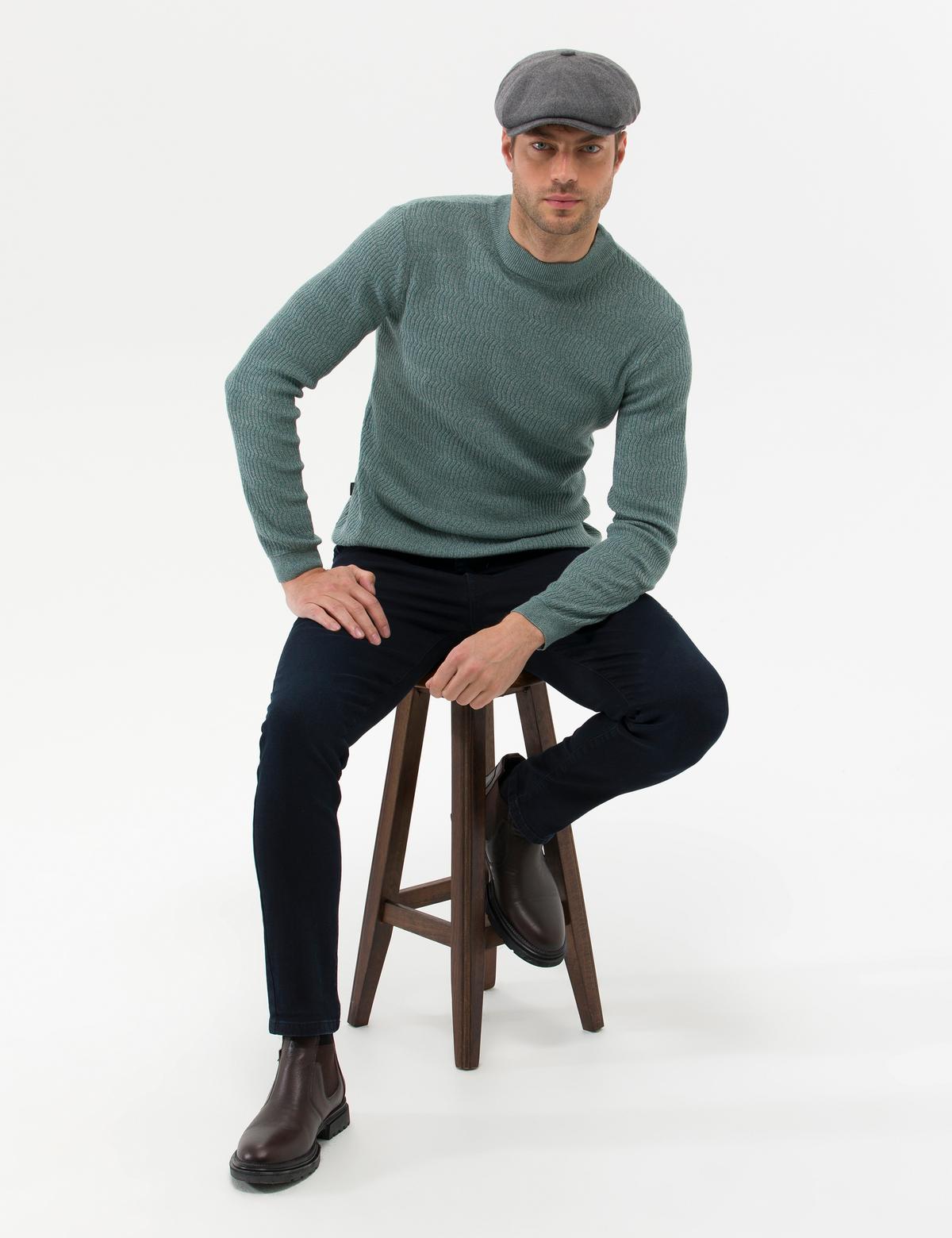 Yeşil Slim Fit Bisiklet Yaka Triko Kazak - 50260296008