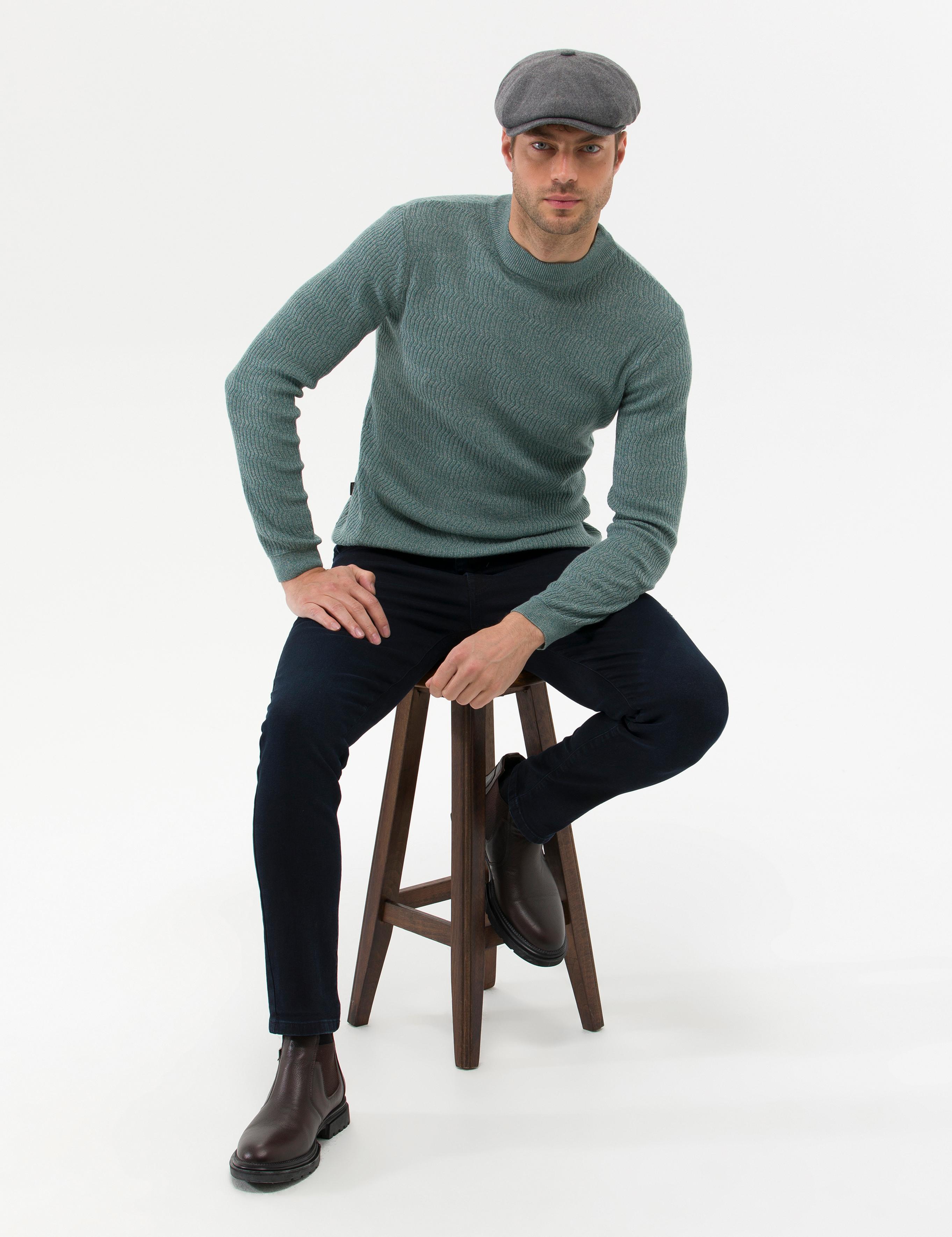 Yeşil Slim Fit Bisiklet Yaka Triko Kazak