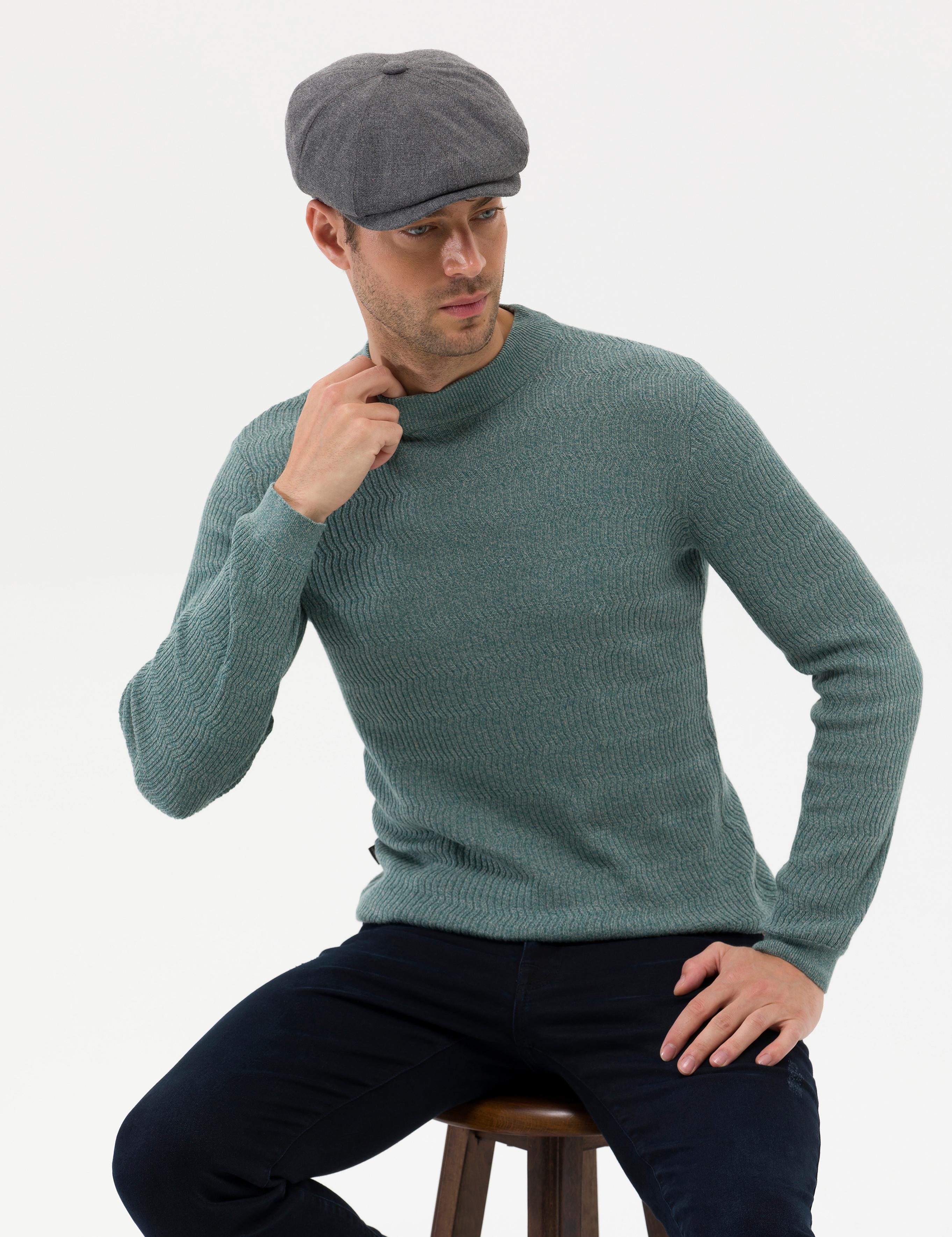 Yeşil Slim Fit Bisiklet Yaka Triko Kazak